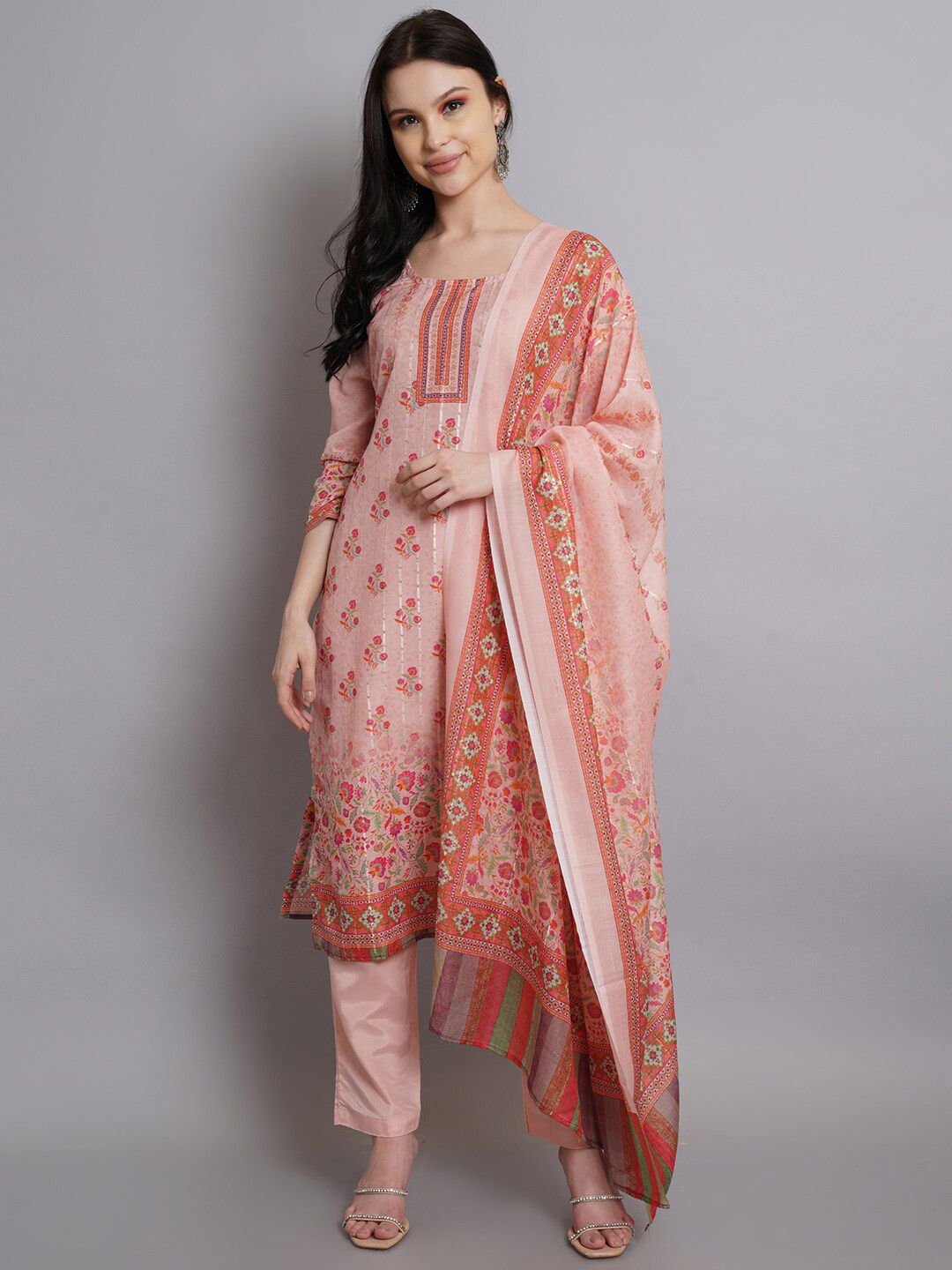 Stylee LIFESTYLE Peach-Coloured & Green Unstitched Dress Material Price in India