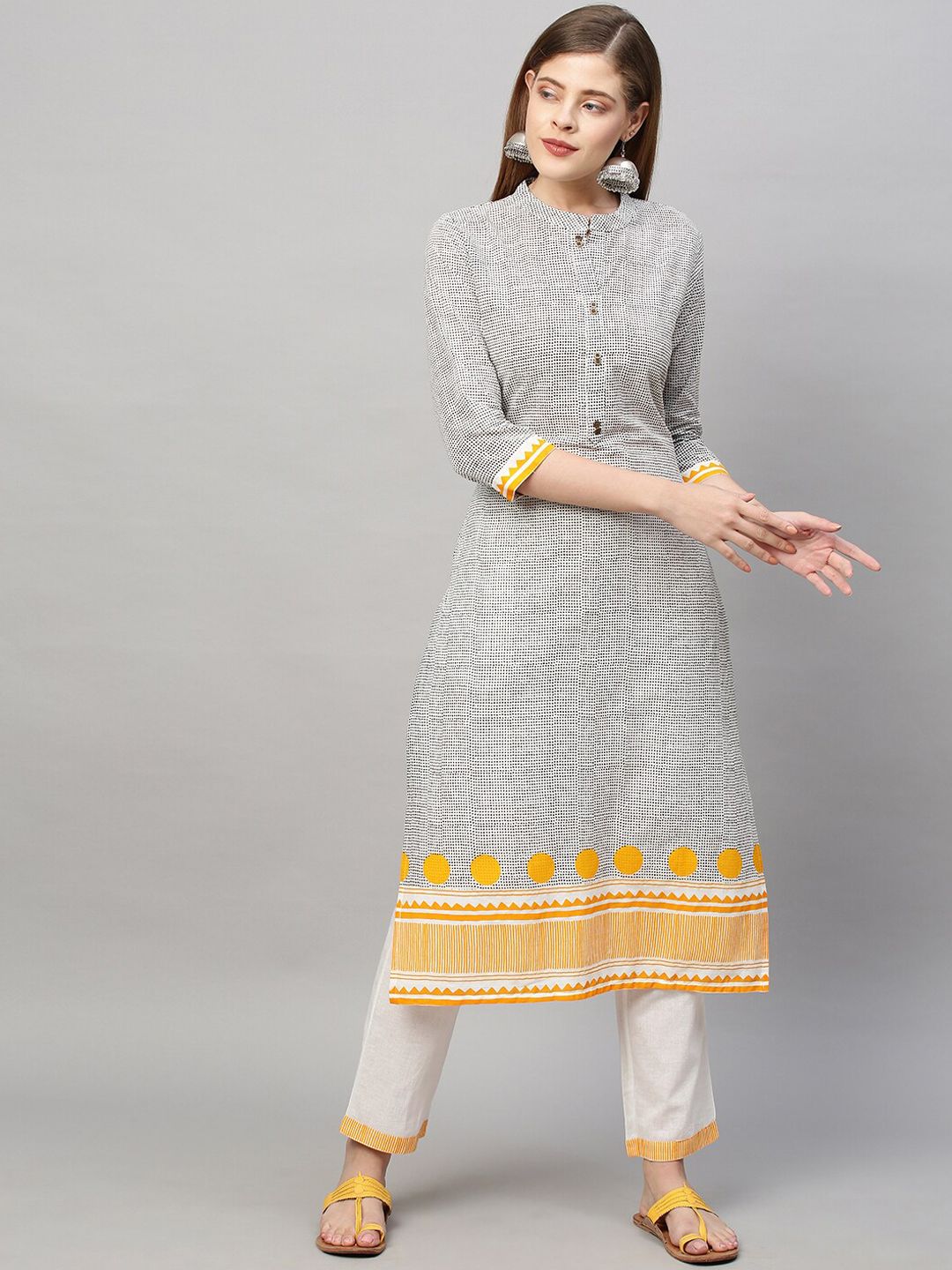 FASHOR Women Grey Embroidered Angrakha Pure Cotton Kurti with Trousers Price in India