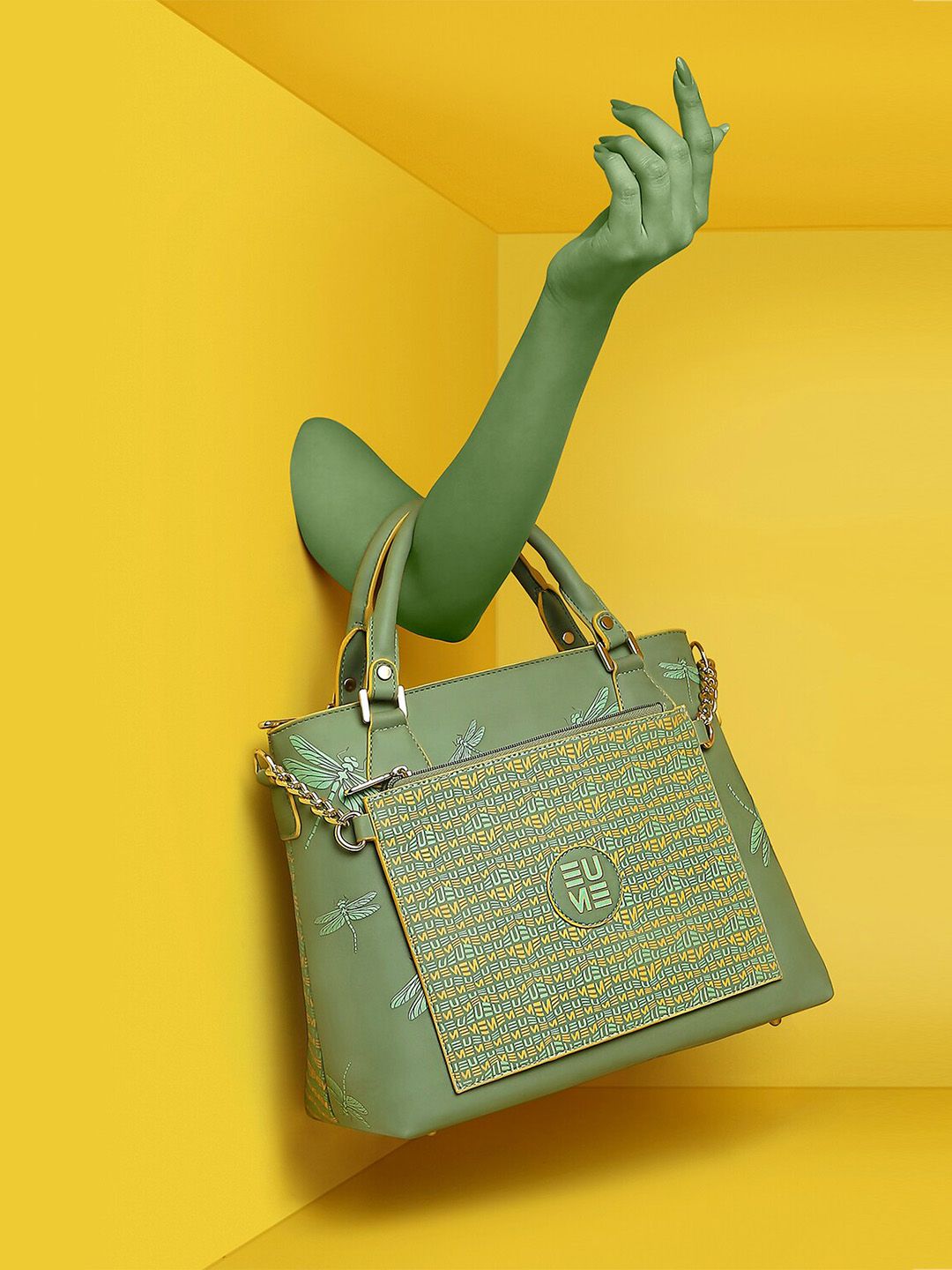 EUME Green Geometric Structured Handheld Bag with Bow Detail Price in India