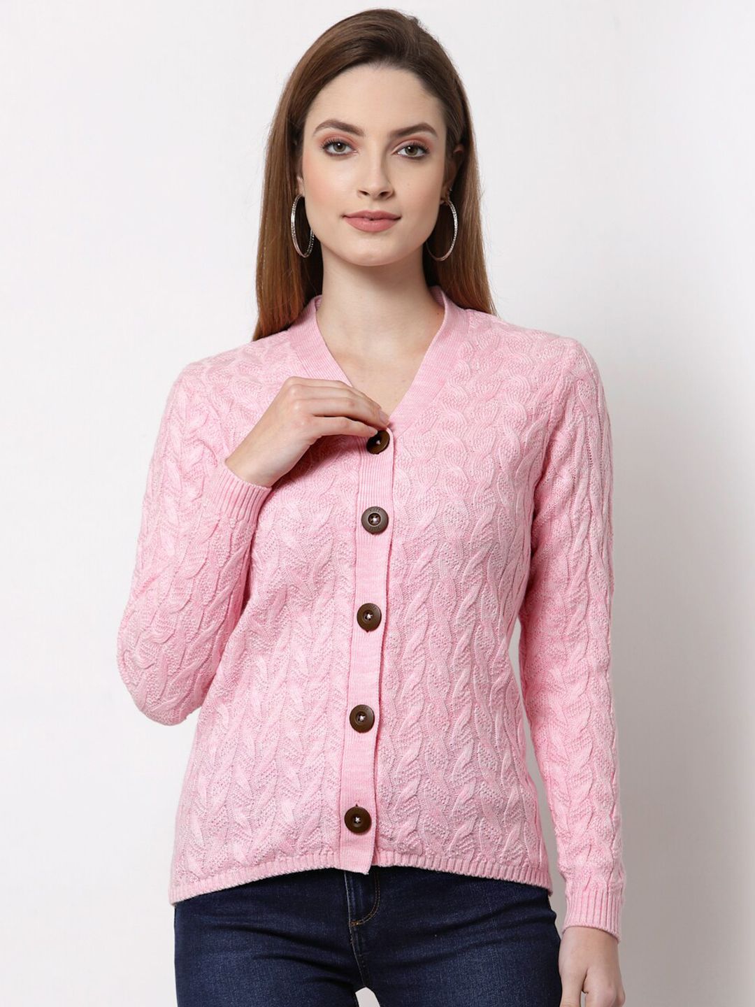 Kalt Women Multicoloured & Pink Cable Knit Cardigan Price in India