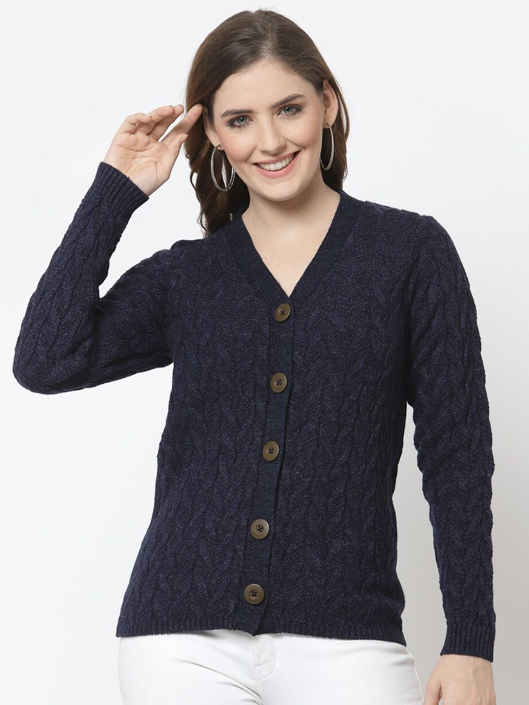 Kalt Women Navy Blue Cable Knit Cardigan Price in India