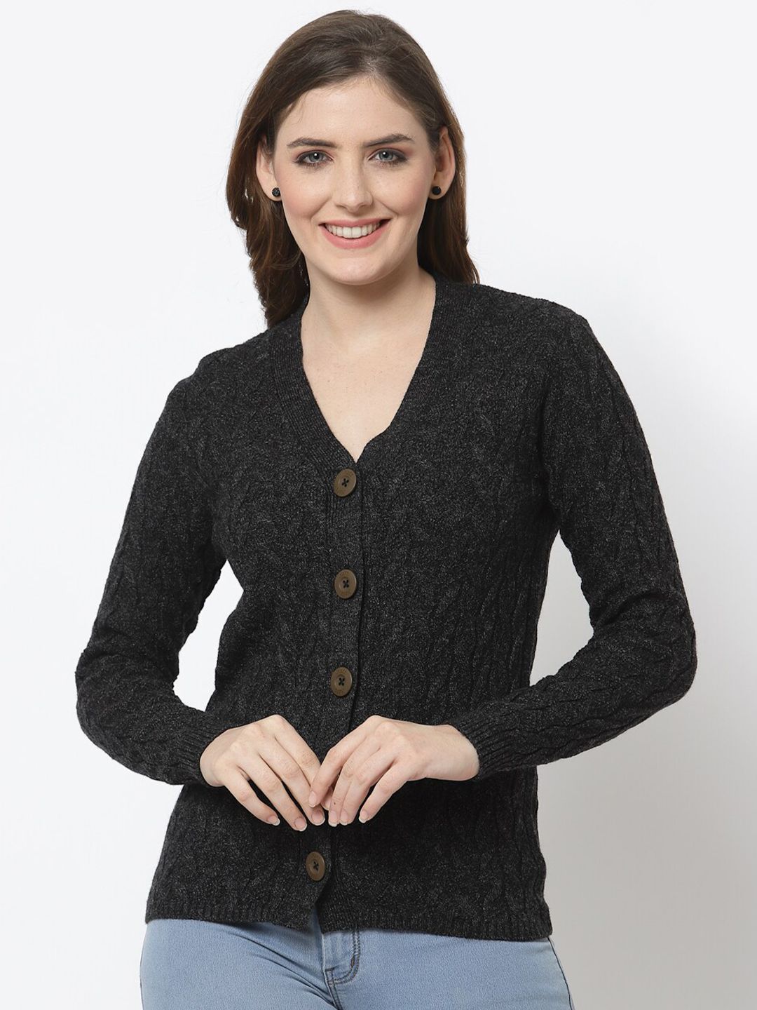 Kalt Women Black Cable Knit Cardigan Price in India