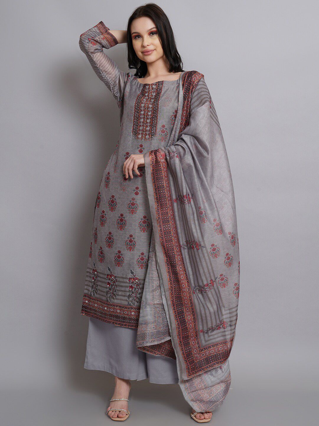 Stylee LIFESTYLE Women Grey & Maroon Printed Unstitched Dress Material Price in India