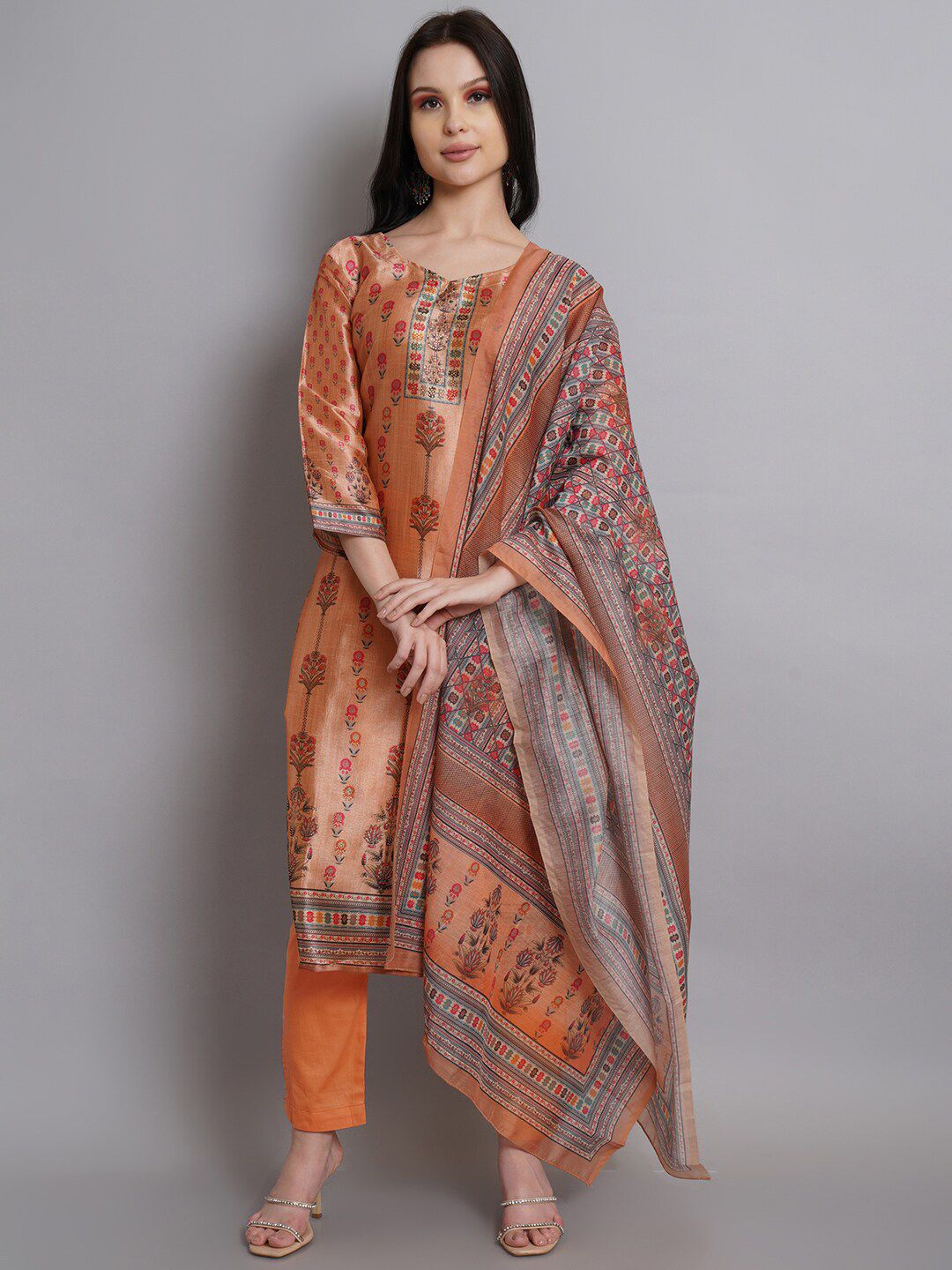 Stylee LIFESTYLE Women Orange & Grey Printed Unstitched Dress Material Price in India