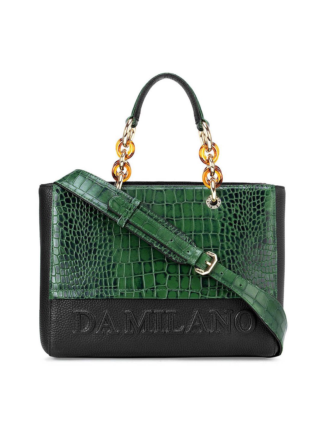 Da Milano Green Textured Leather Structured Satchel with Cut Work Price in India