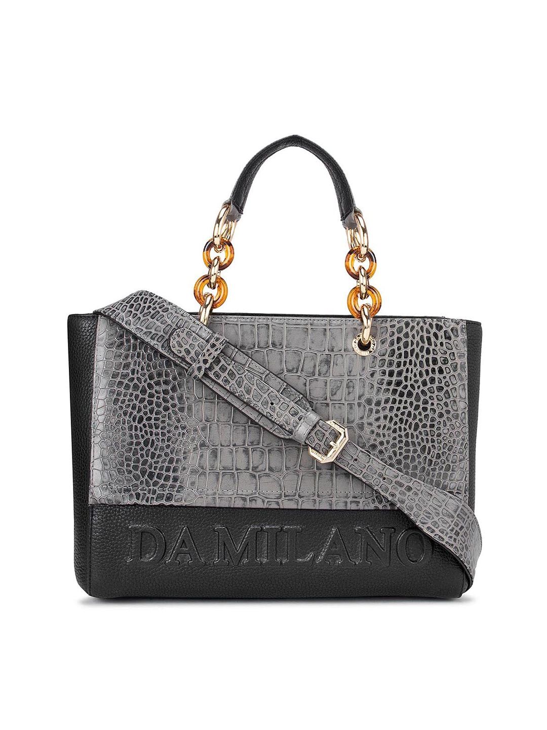 Da Milano Grey Animal Textured Leather Structured Handheld Bag with Cut Work Price in India