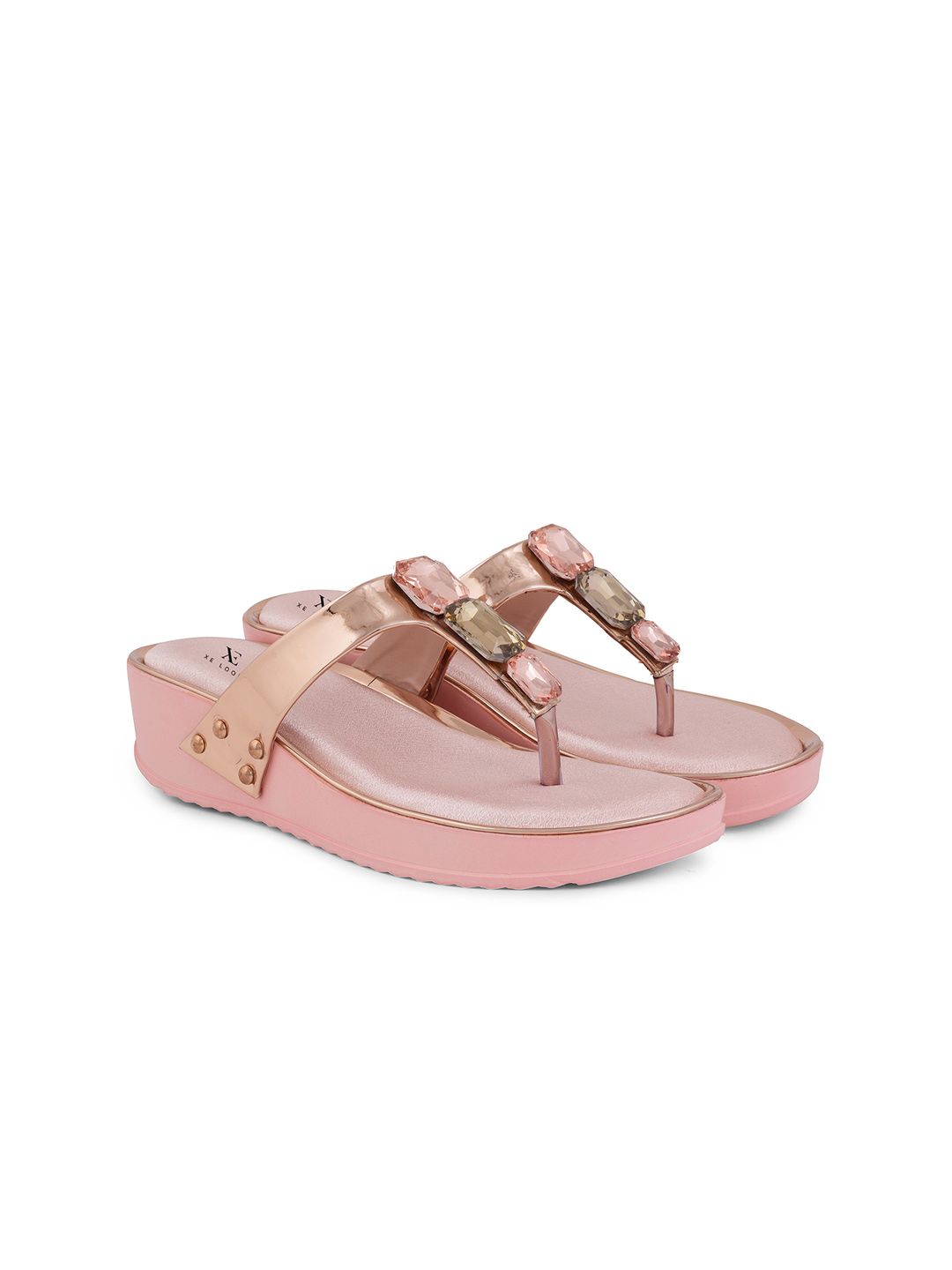 XE LOOKS Peach-Coloured Embellished Wedge Sandals Price in India