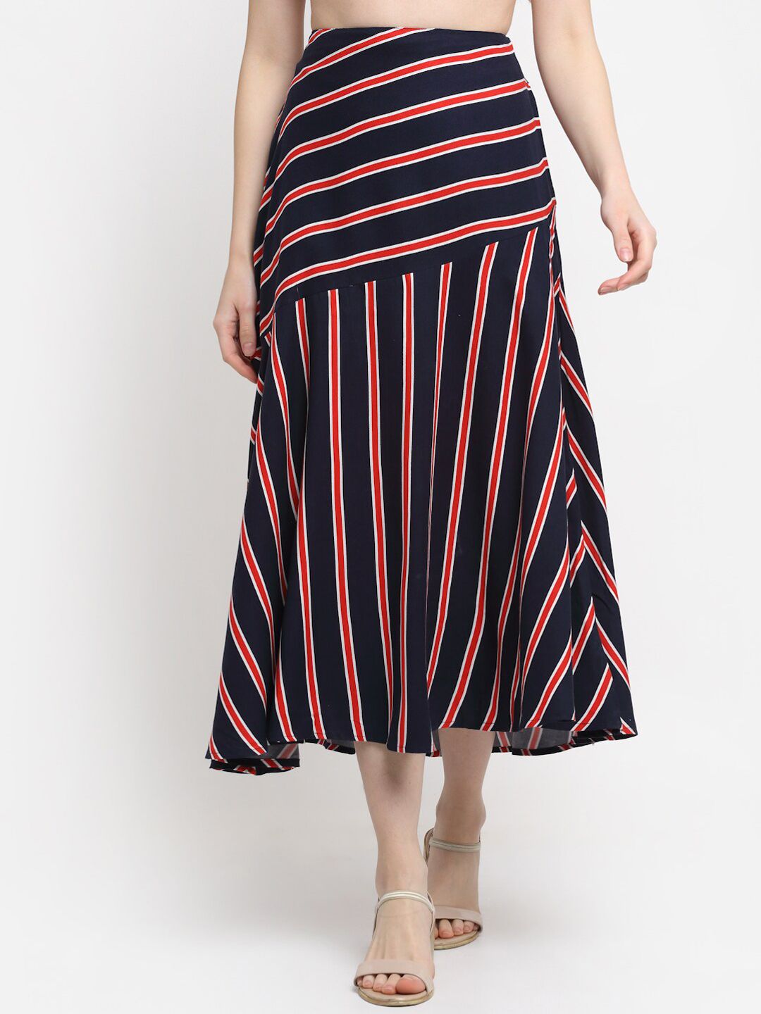 SiaVira Women Navy Blue & Red Striped Knee-Length A-Line Skirts