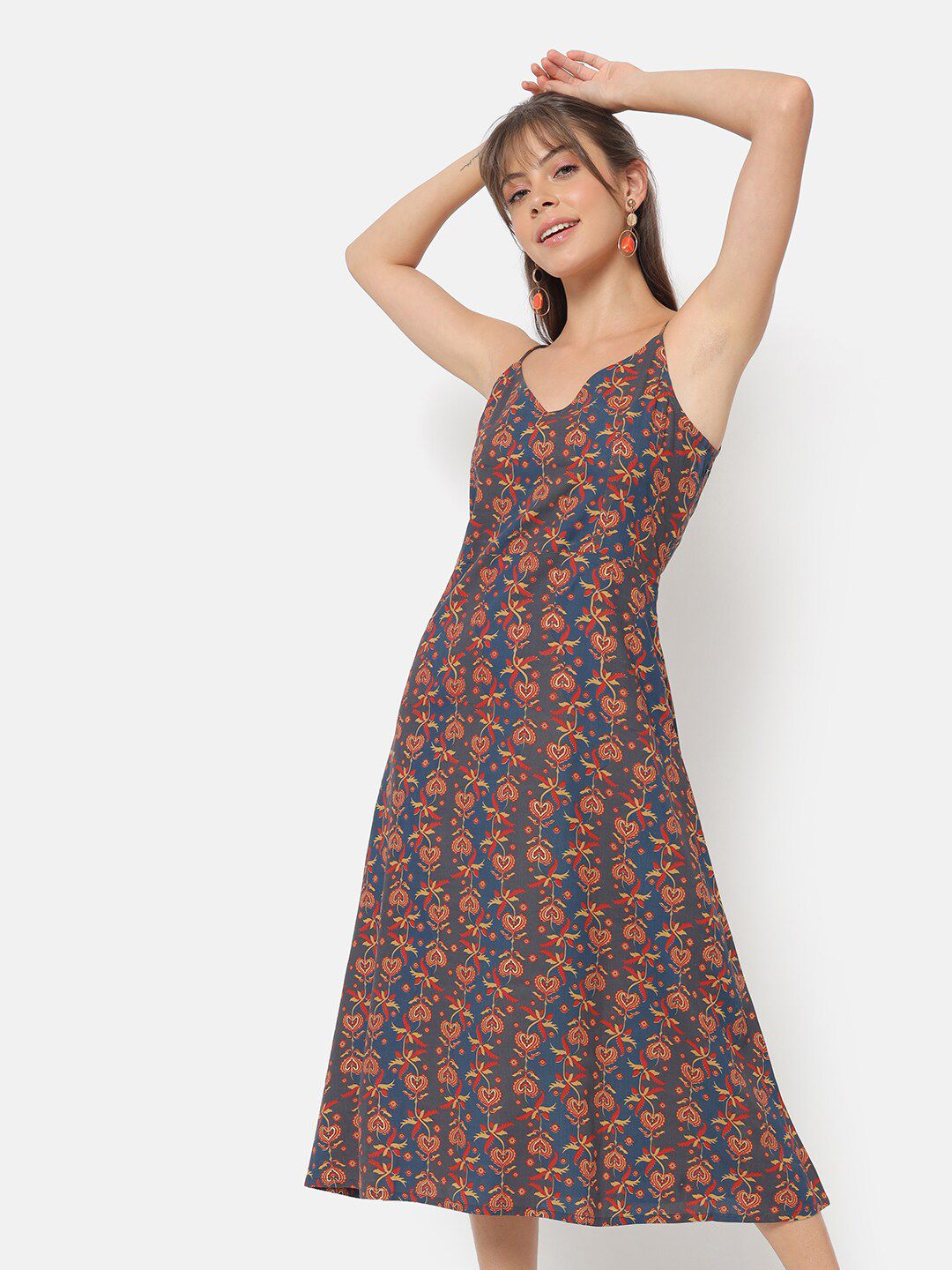 Saaki Women Olive Green Floral Printed  A-Line Midi Dress Price in India