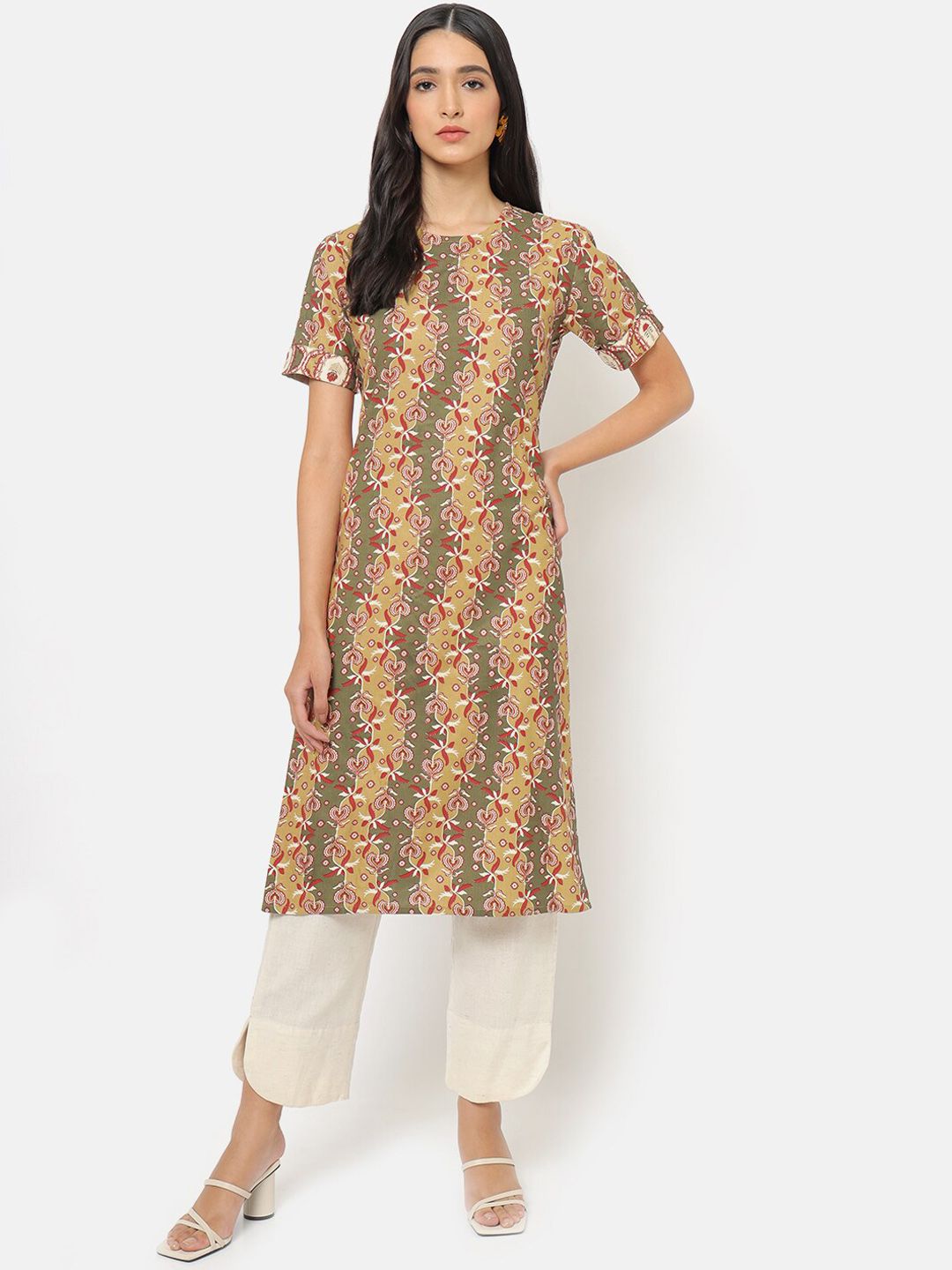 Saaki Women Olive Green Floral Printed Mirror Work Kurta Price in India