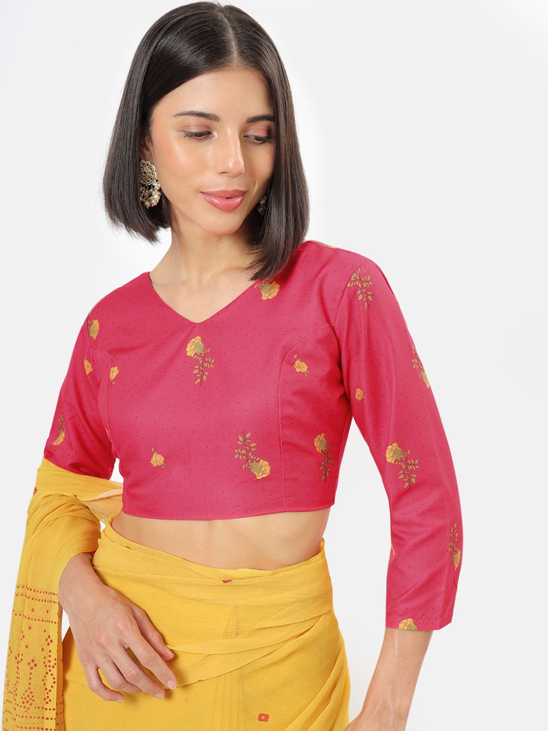 Saaki Fuchsia-Pink & Gold-Colored Printed Saree Blouse