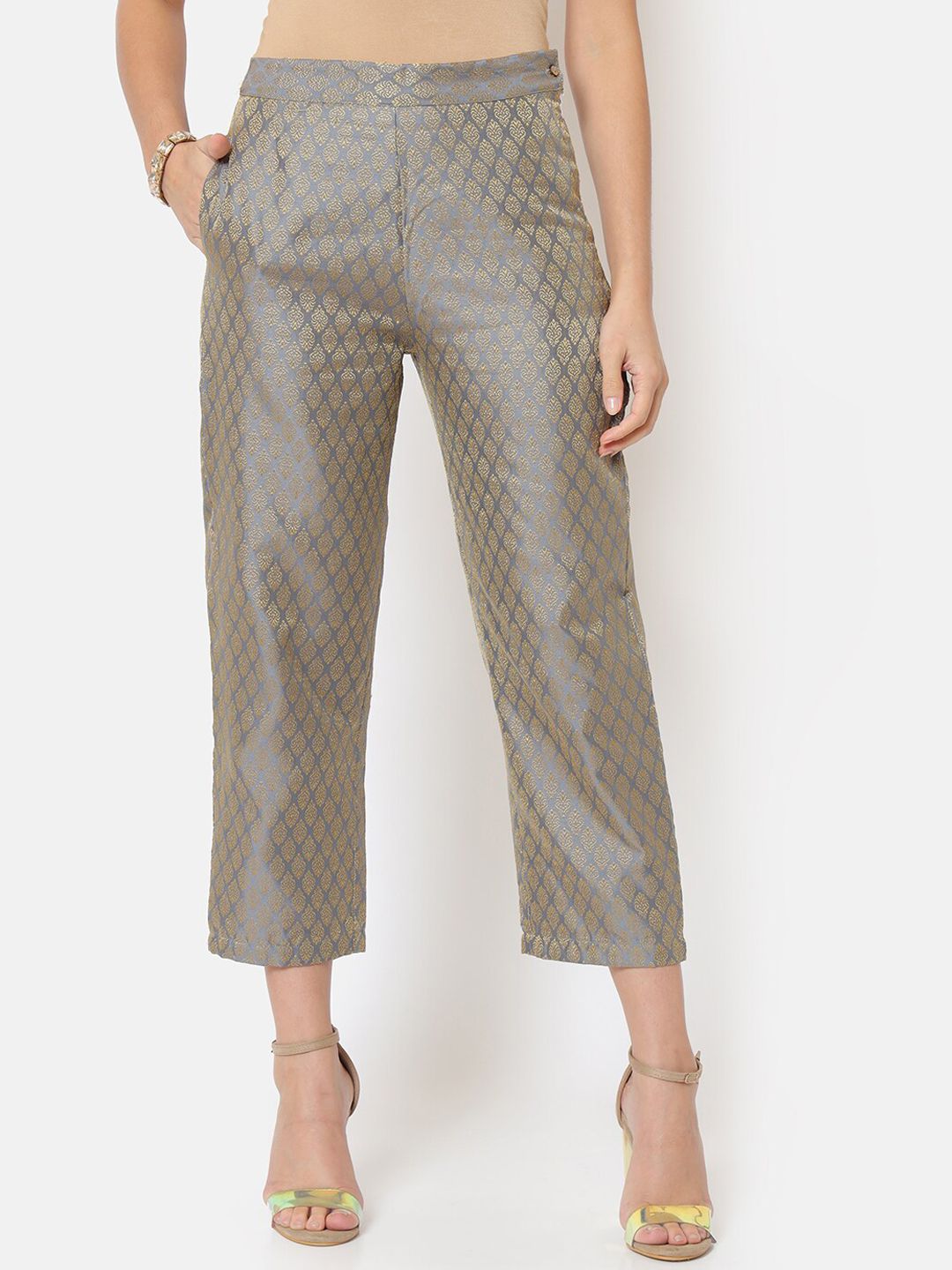 Saaki Women Grey Ethnic Motifs Printed Trousers Price in India