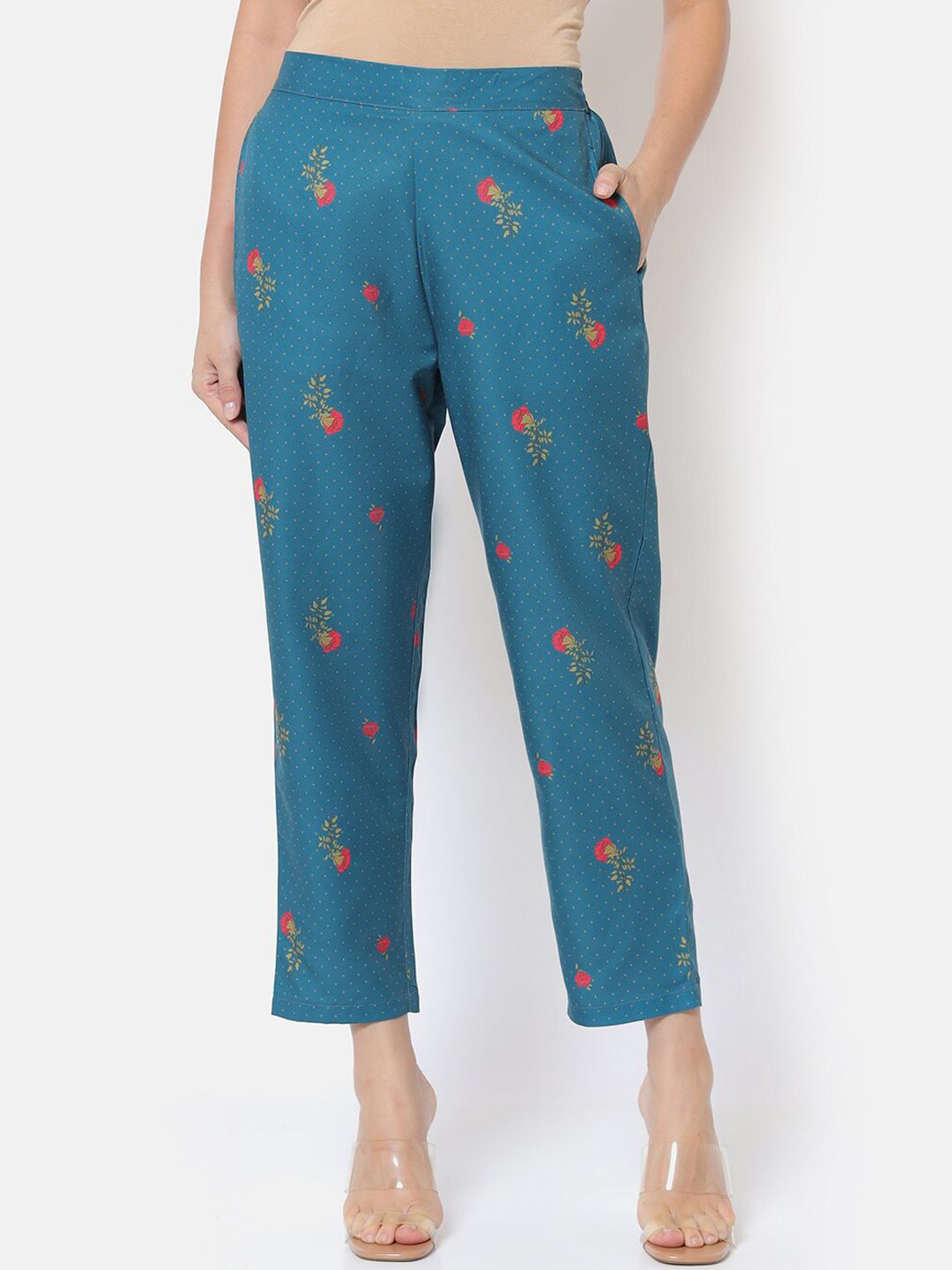 Saaki Women Teal Ethnic Motifs Embroidered Trousers Price in India