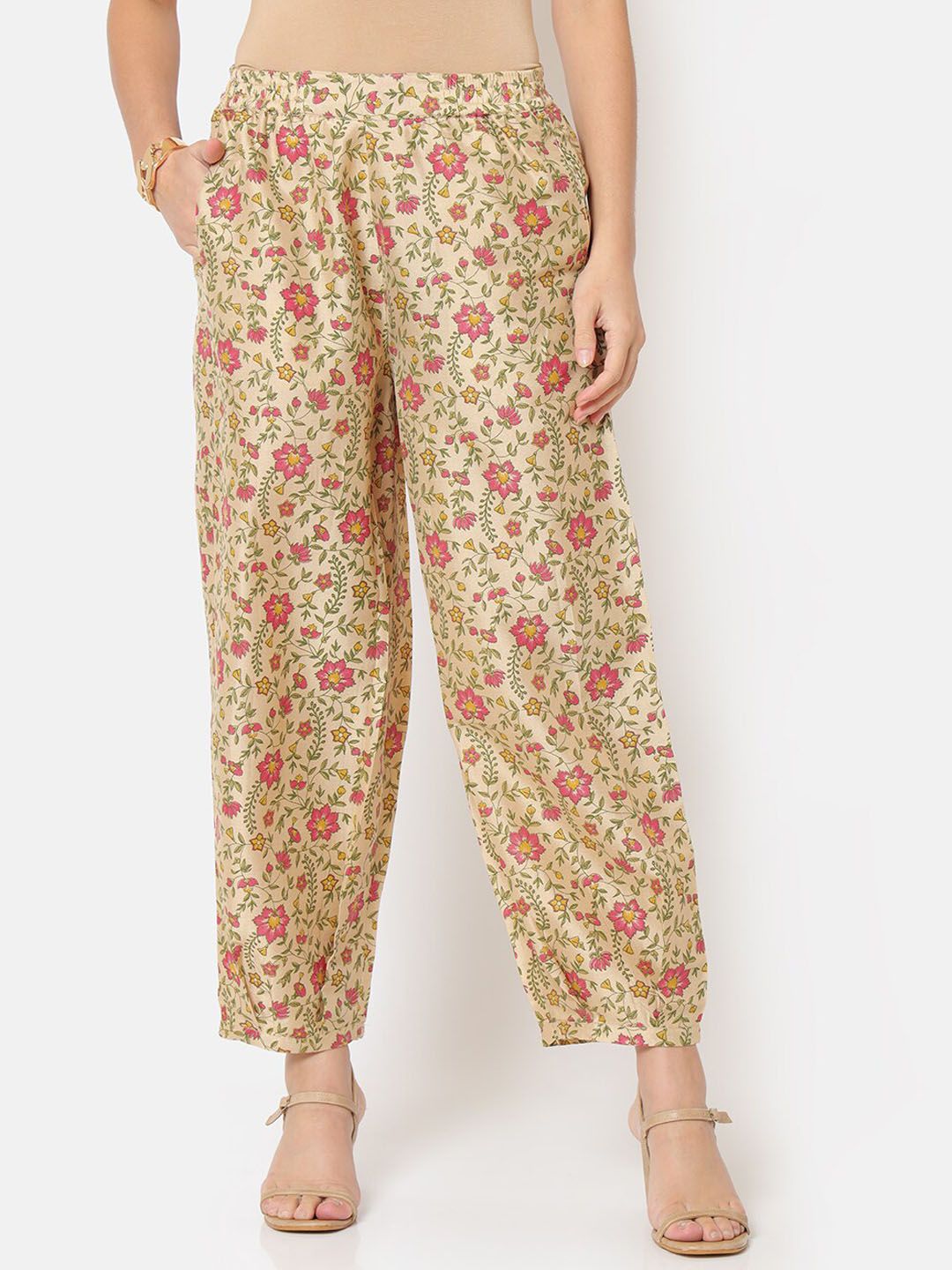 Saaki Women Beige Floral Printed Trousers Price in India