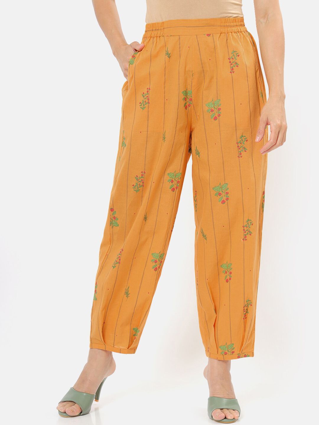 Saaki Women Mustard Yellow Printed Pleated Trousers Price in India