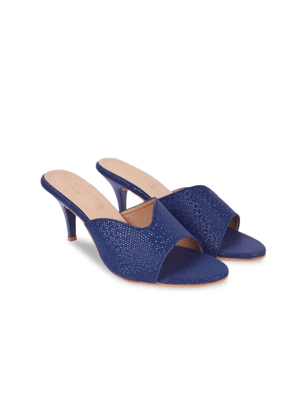 XE LOOKS Navy Blue Textured Stiletto Mules with Buckles Price in India