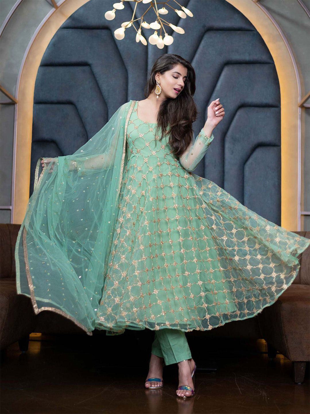 Fashion Basket Green & Gold-Toned Embroidered Semi-Stitched Dress Material Price in India