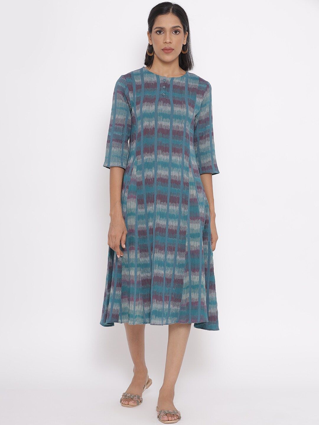 W Blue & Purple Striped Abstract A-Line Midi Dress Price in India