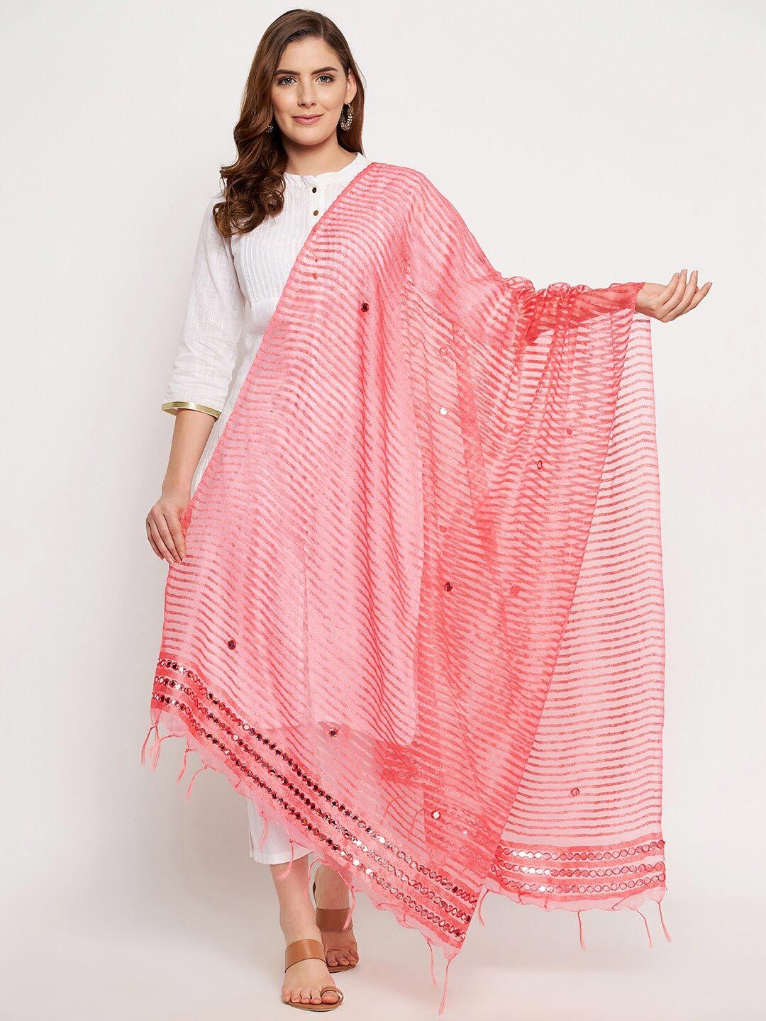 Clora Creation Pink Striped Organza Dupatta with Mirror Work Price in India