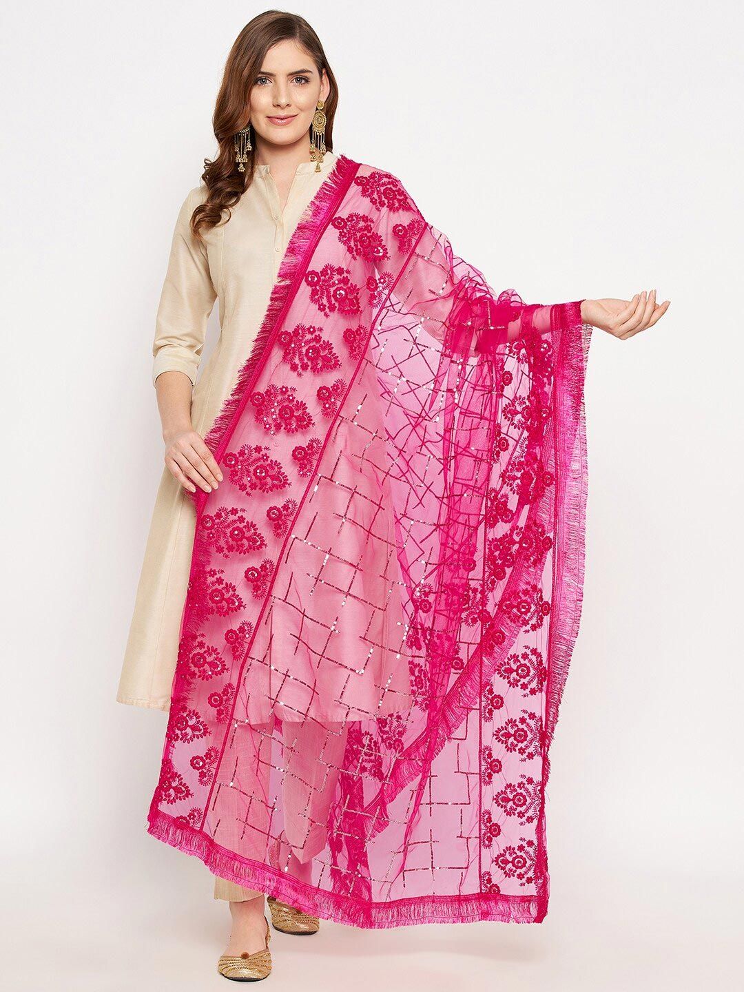 Clora Creation Magenta Embroidered Dupatta with Sequinned Price in India