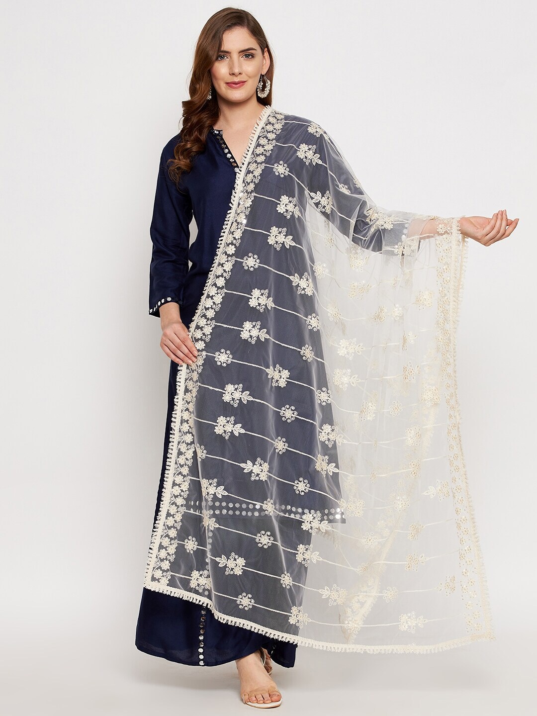 Clora Creation Off White & White Embroidered Dupatta with Sequinned Price in India