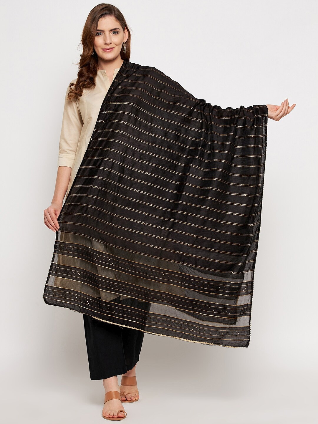 Clora Creation Black & Silver-Toned Printed Dupatta with Sequinned Price in India