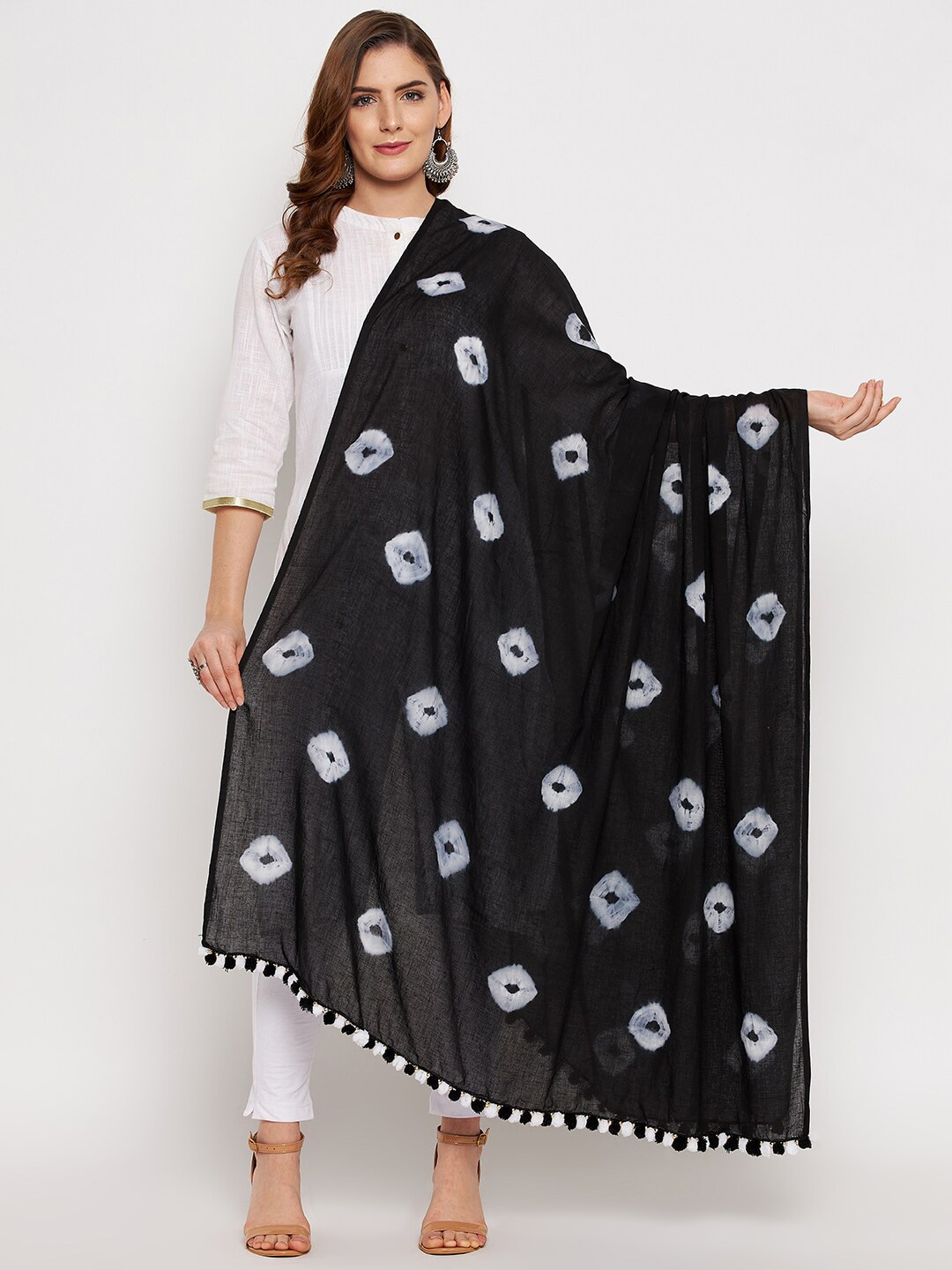 Clora Creation Black & Silver-Toned Printed Pure Cotton Tie and Dye Dupatta Price in India
