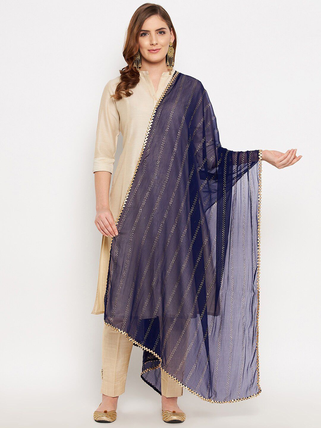 Clora Creation Navy Blue & Gold-Toned Printed Dupatta with Gotta Patti Price in India