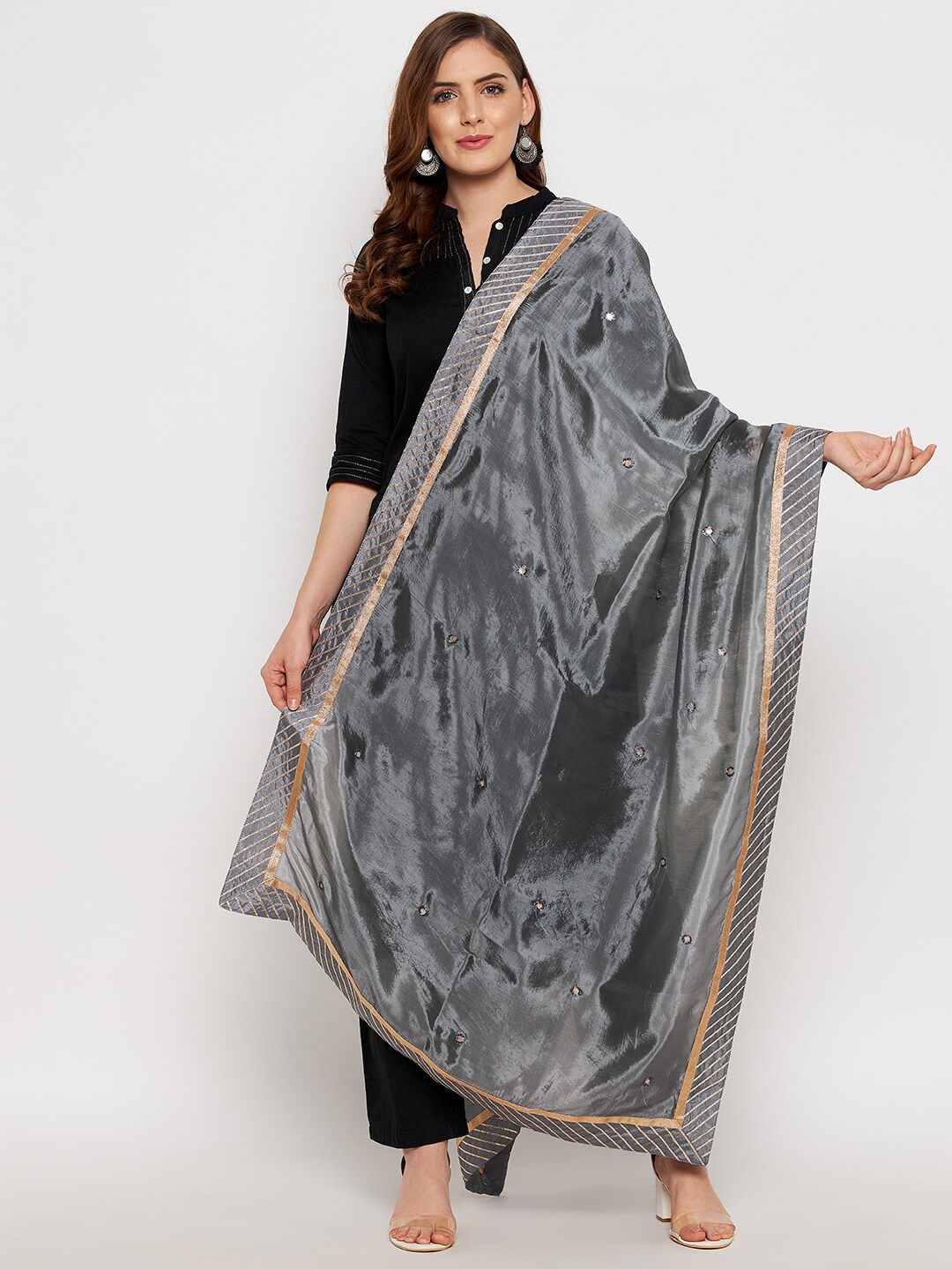 Clora Creation Grey & Gold-Toned Printed Dupatta with Gotta Patti Price in India