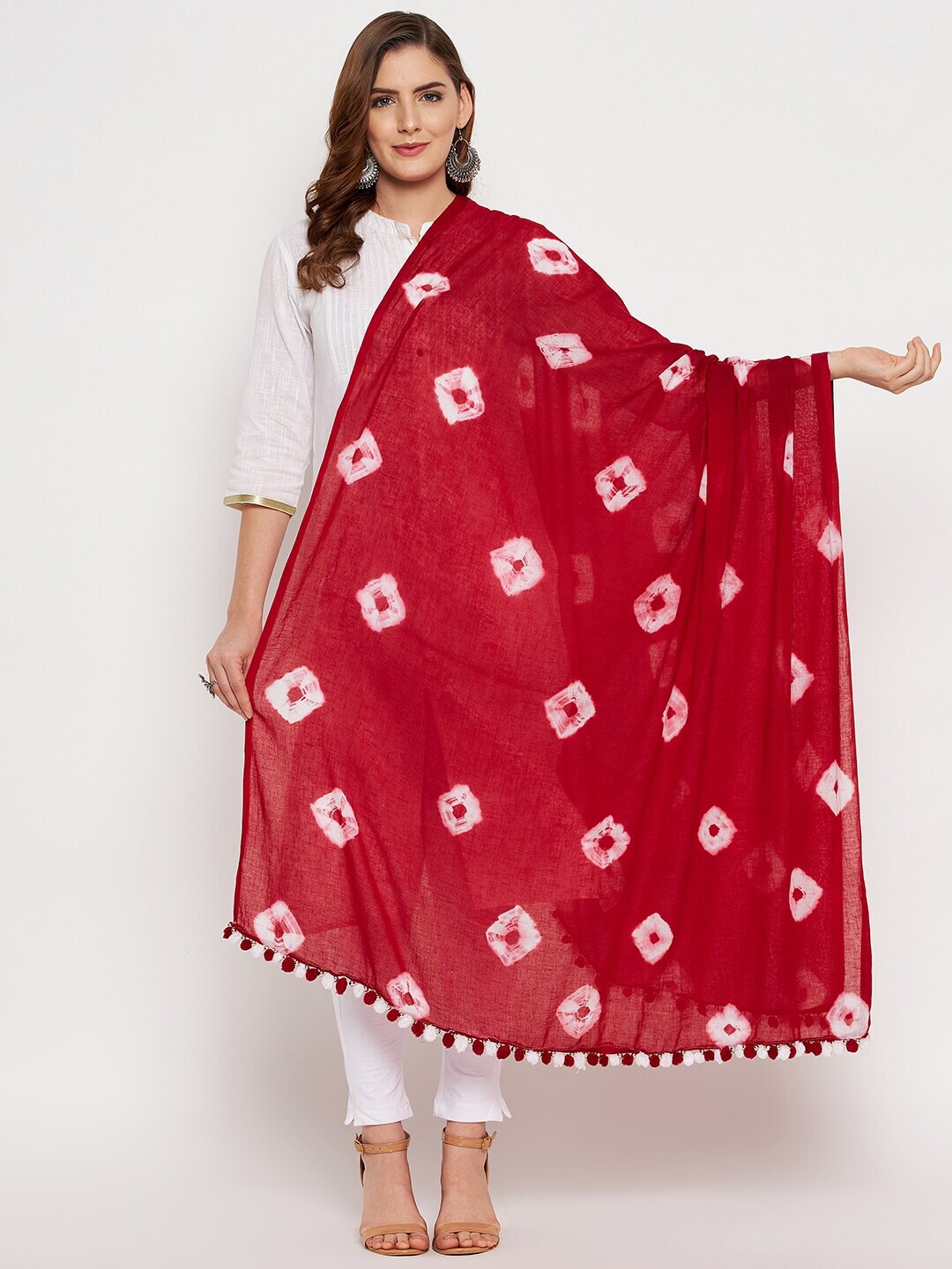 Clora Creation Red & White Printed Pure Cotton Tie and Dye Dupatta Price in India