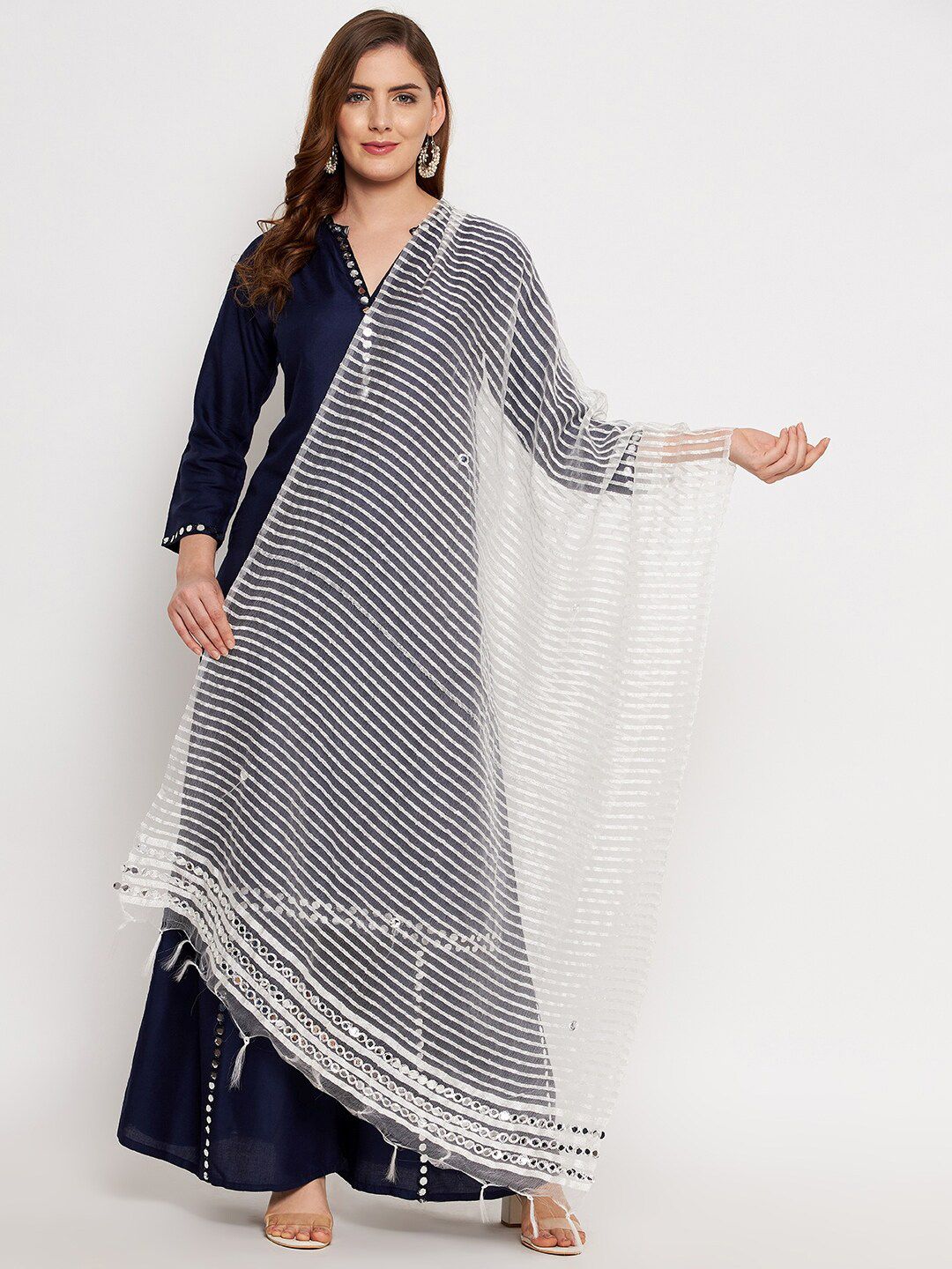Clora Creation White Striped Organza Dupatta with Mirror Work