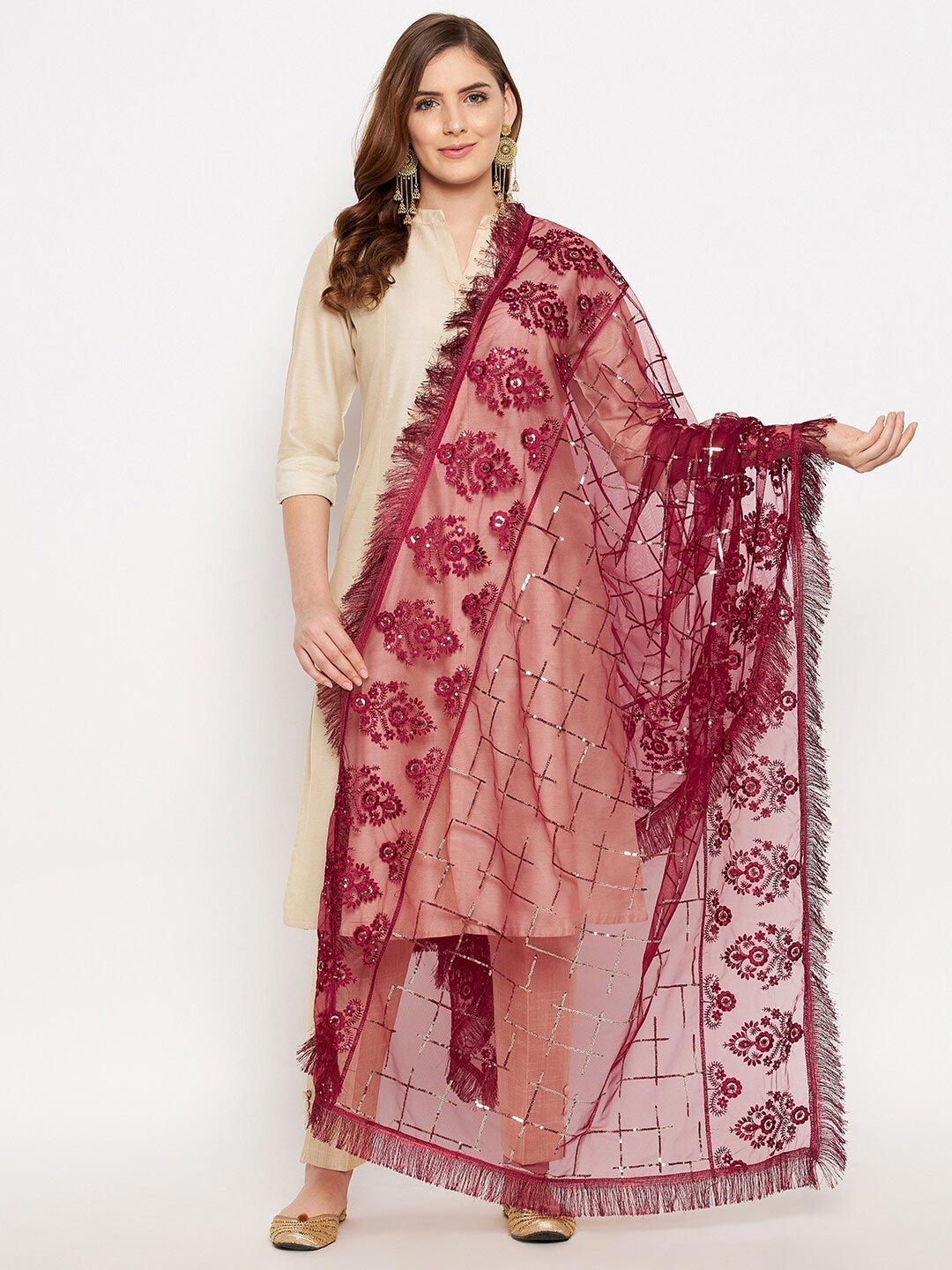Clora Creation Maroon Embroidered Dupatta with Sequinned Price in India