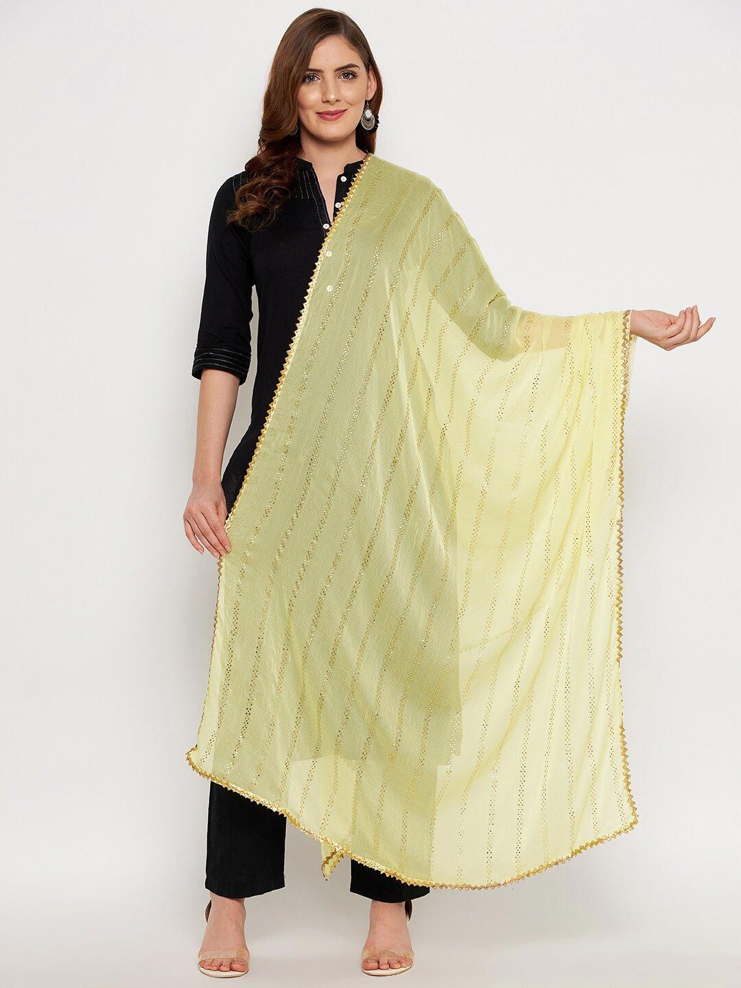 Clora Creation Lime Green & Gold-Toned Printed Dupatta with Gotta Patti Price in India