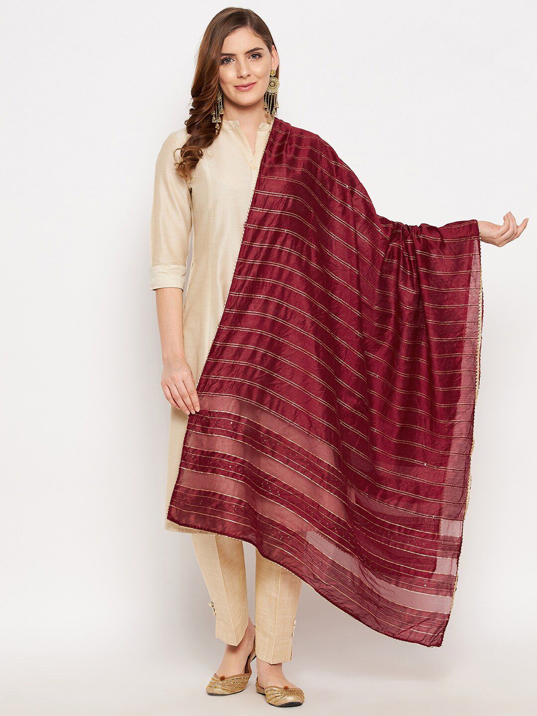 Clora Creation Maroon & Gold-Toned Printed Dupatta with Sequinned Price in India
