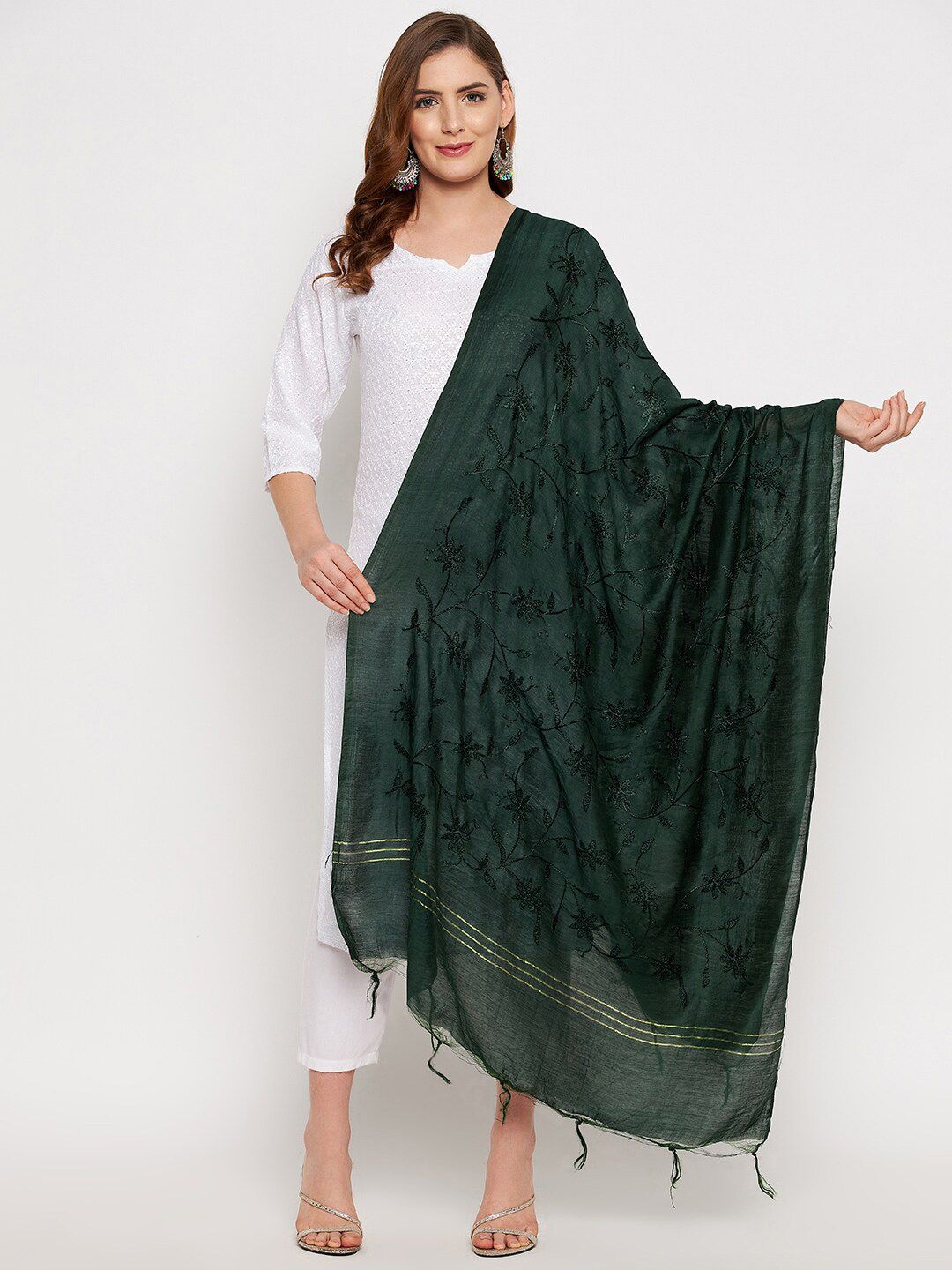 Clora Creation Green Embroidered Dupatta Price in India