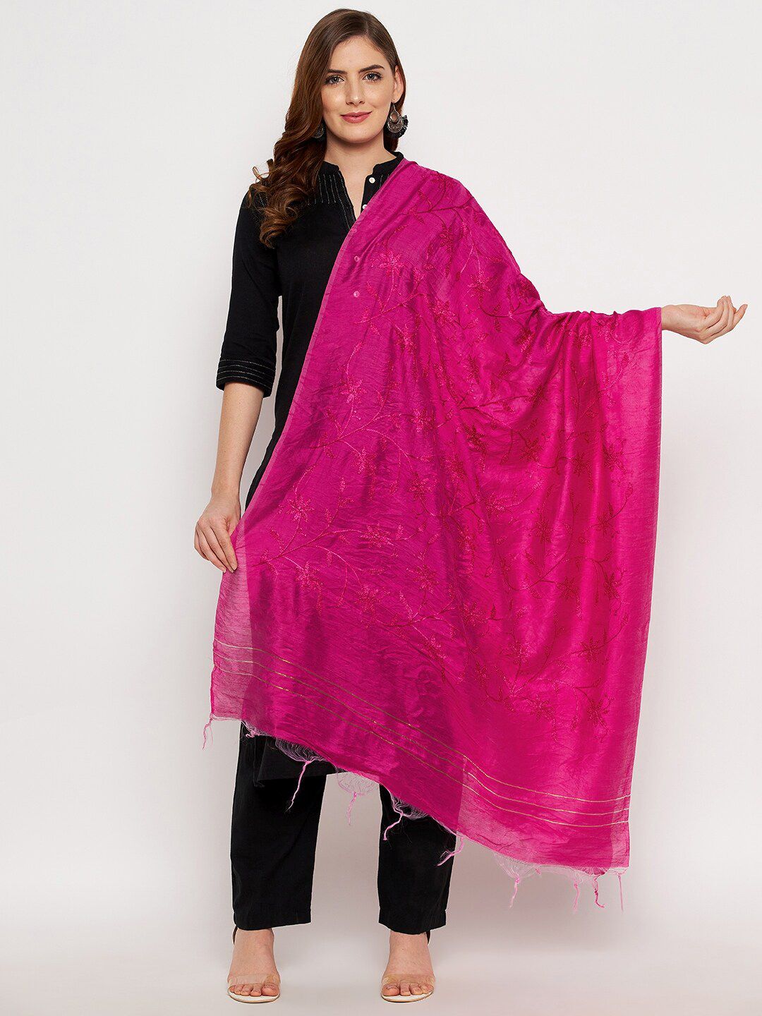 Clora Creation Magenta Embroidered Dupatta Price in India