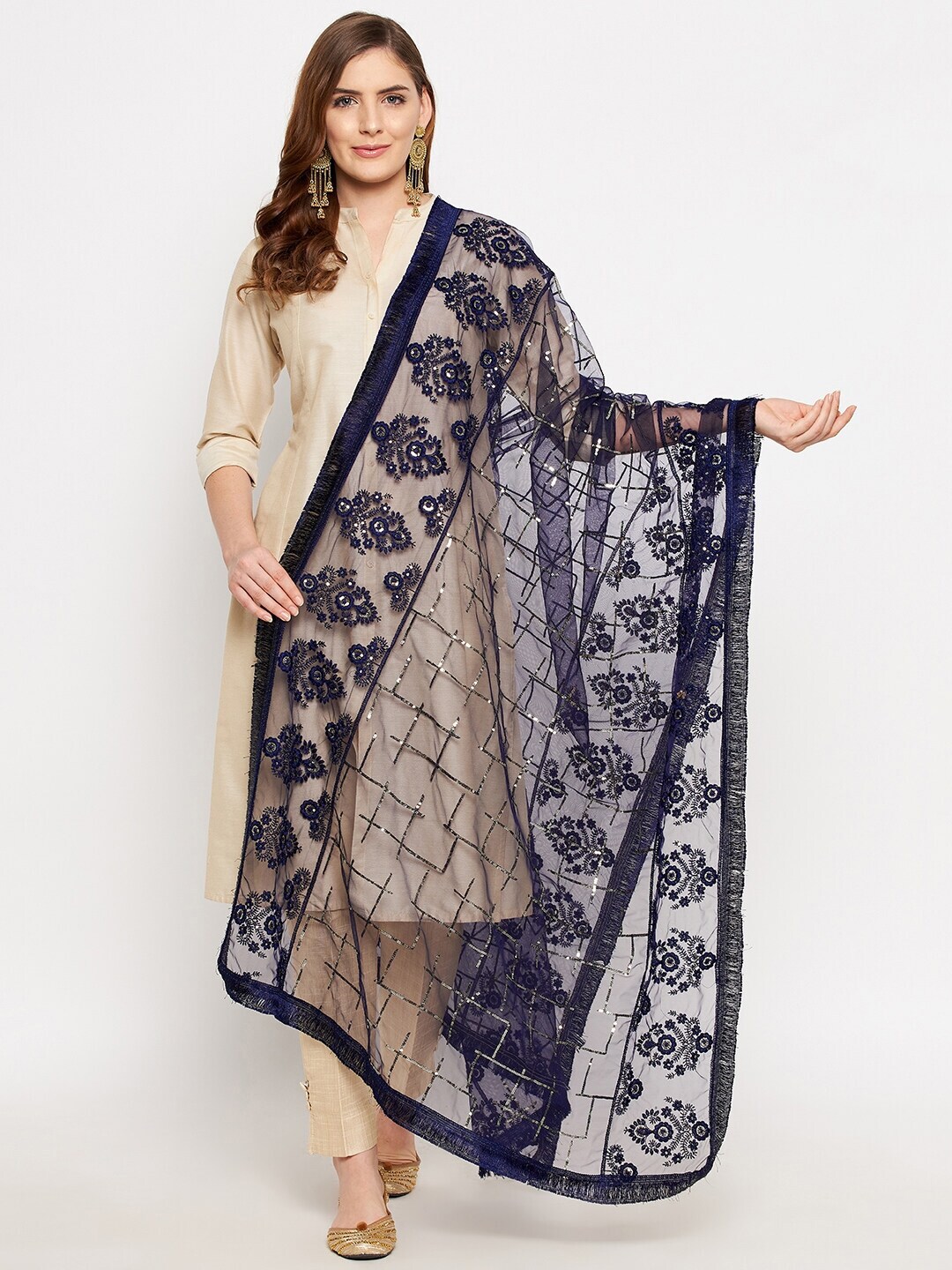 Clora Creation Navy Blue & Gold-Toned Embroidered Dupatta with Sequinned Price in India