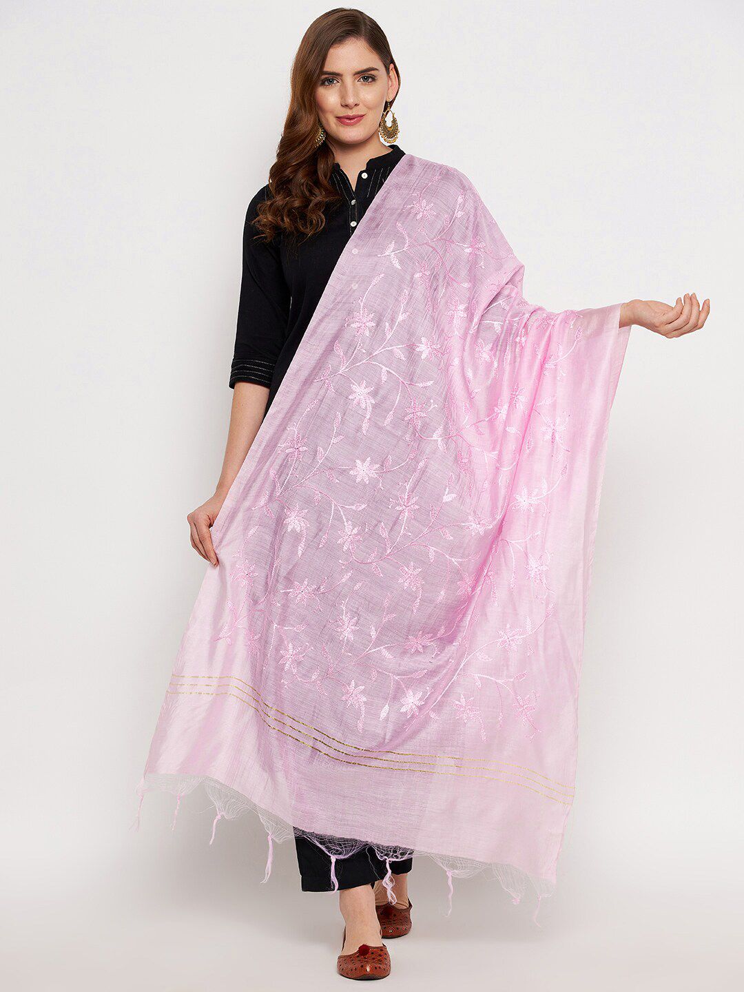 Clora Creation Pink & Gold-Toned Embroidered Dupatta