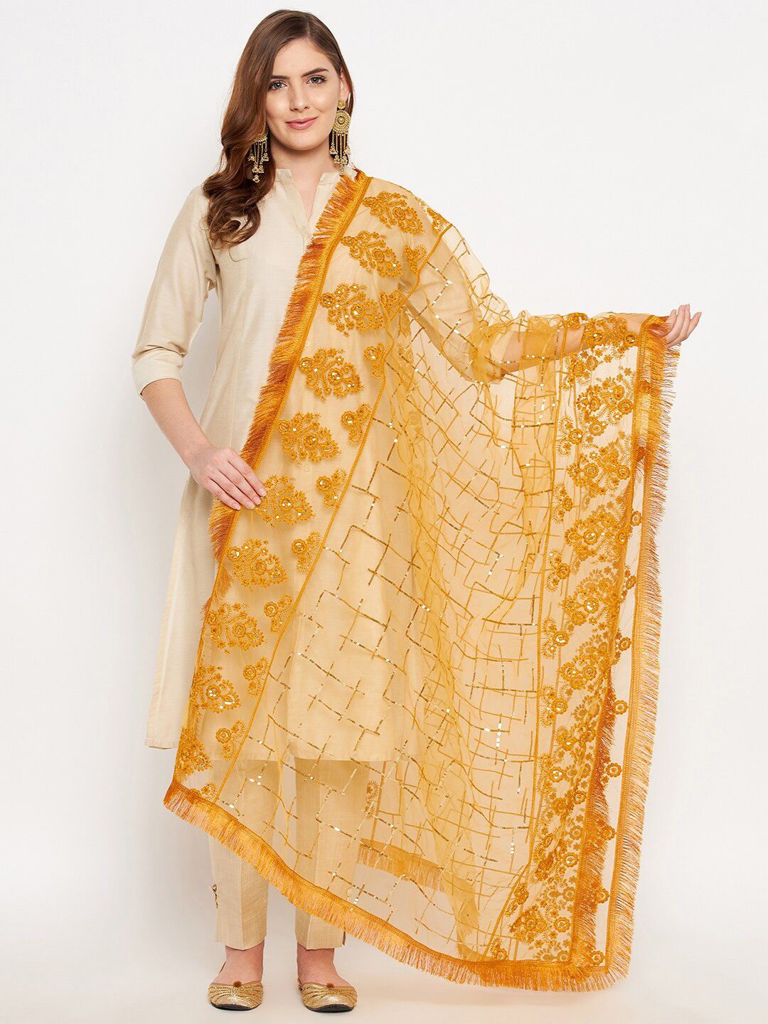 Clora Creation Mustard Embroidered Dupatta with Sequinned Price in India