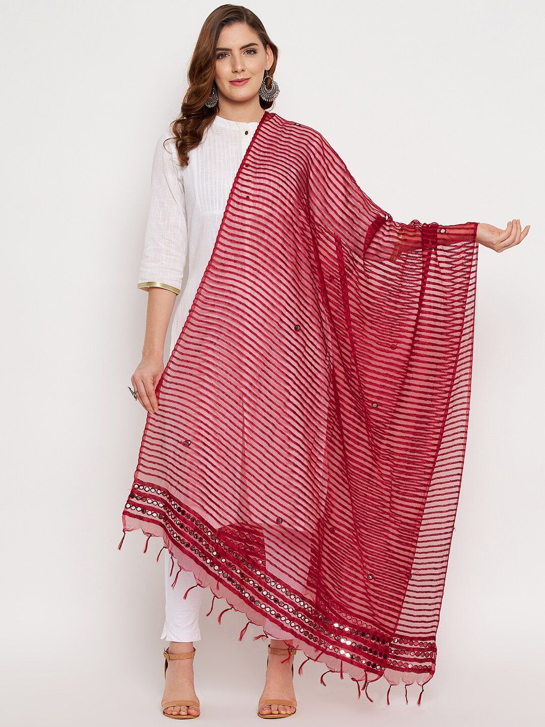 Clora Creation Maroon Striped Organza Dupatta with Mirror Work Price in India