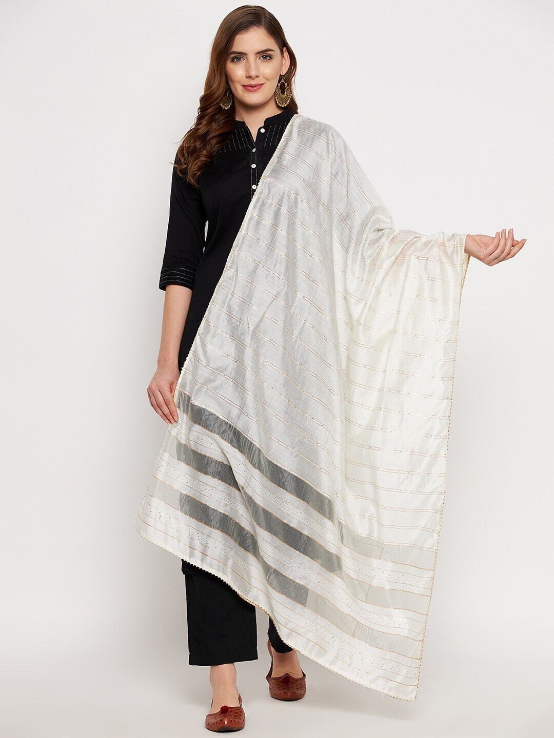 Clora Creation Off White & Gold-Toned Printed Dupatta with Sequinned Price in India