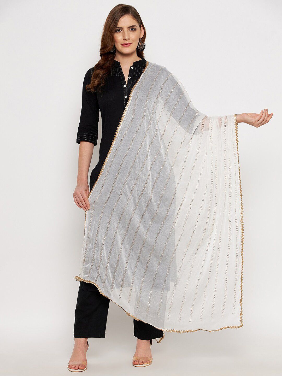 Clora Creation Off White & Gold-Toned Printed Dupatta with Gotta Patti