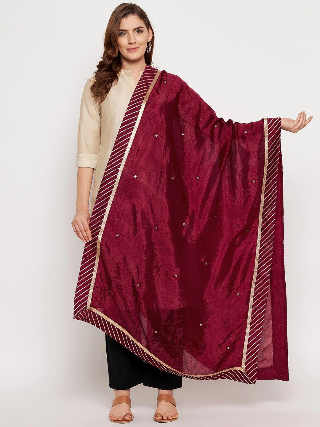 Clora Creation Maroon & Silver-Toned Printed Dupatta with Gotta Patti Price in India