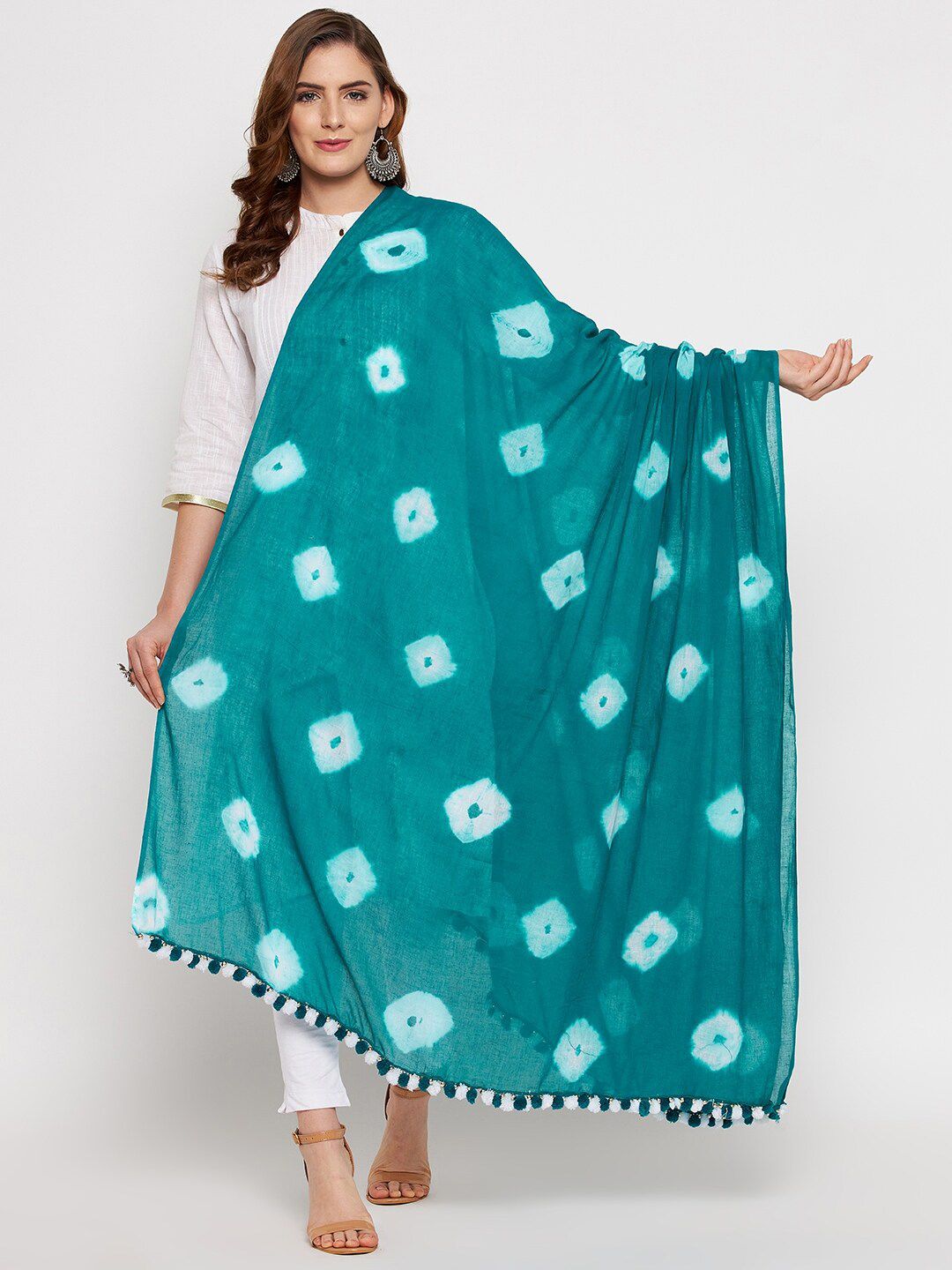 Clora Creation Green & White Printed Pure Cotton Tie and Dye Dupatta Price in India