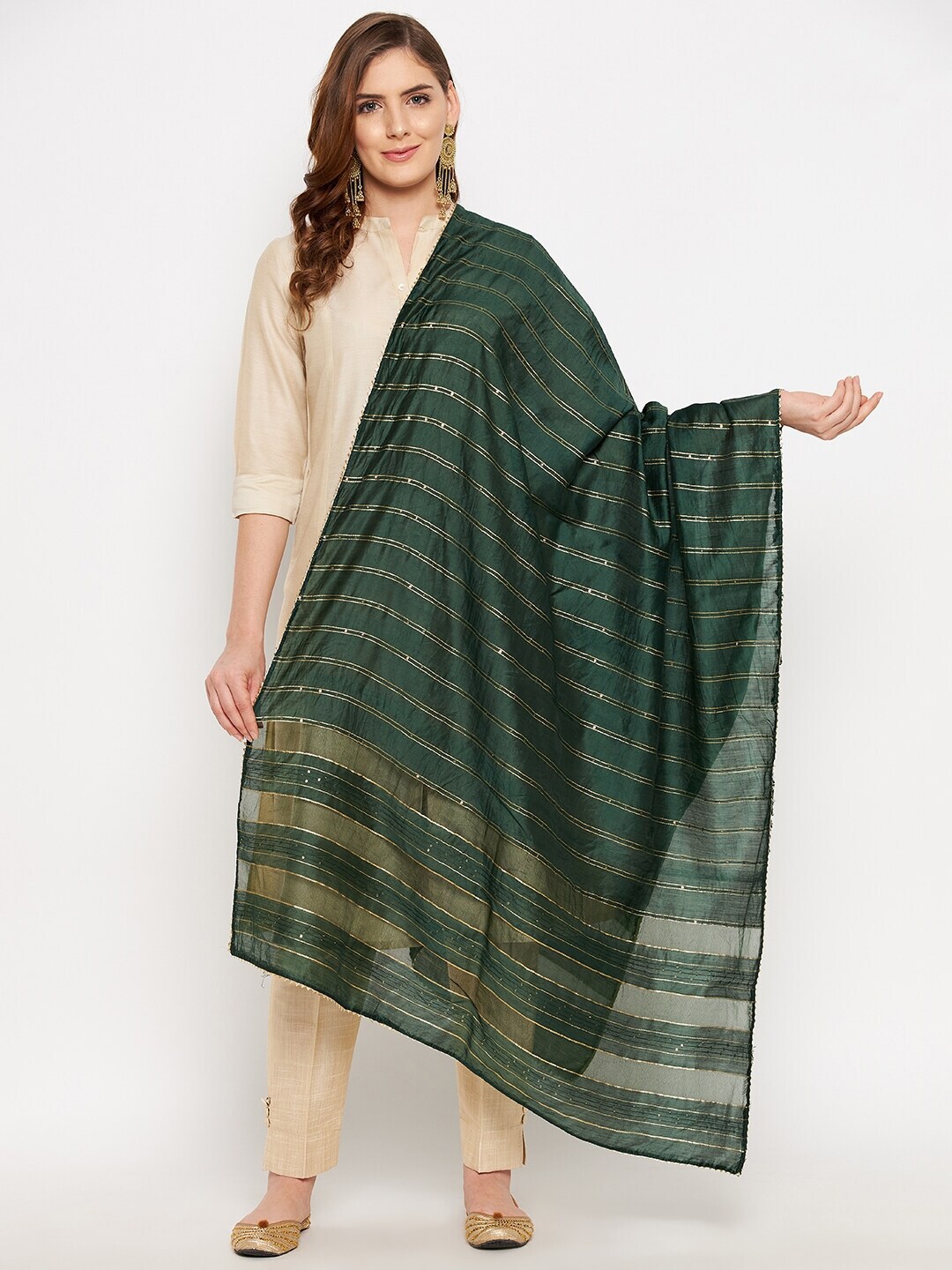 Clora Creation Green & Gold-Toned Printed Dupatta with Sequinned Price in India
