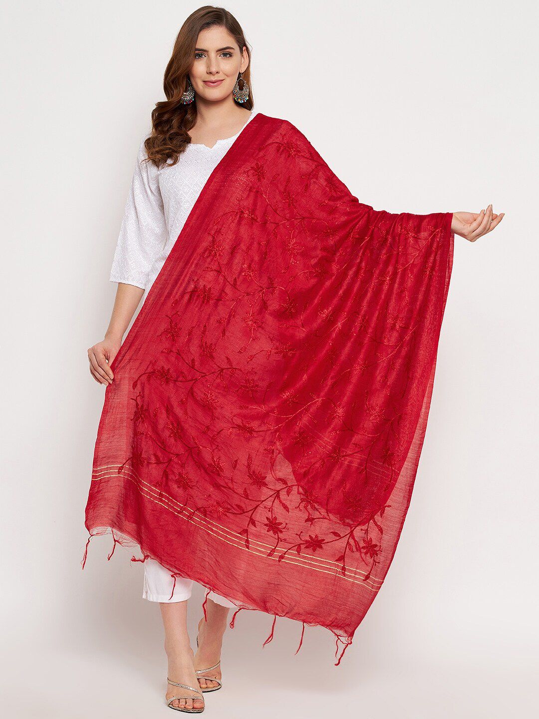 Clora Creation Red Embroidered Dupatta Price in India
