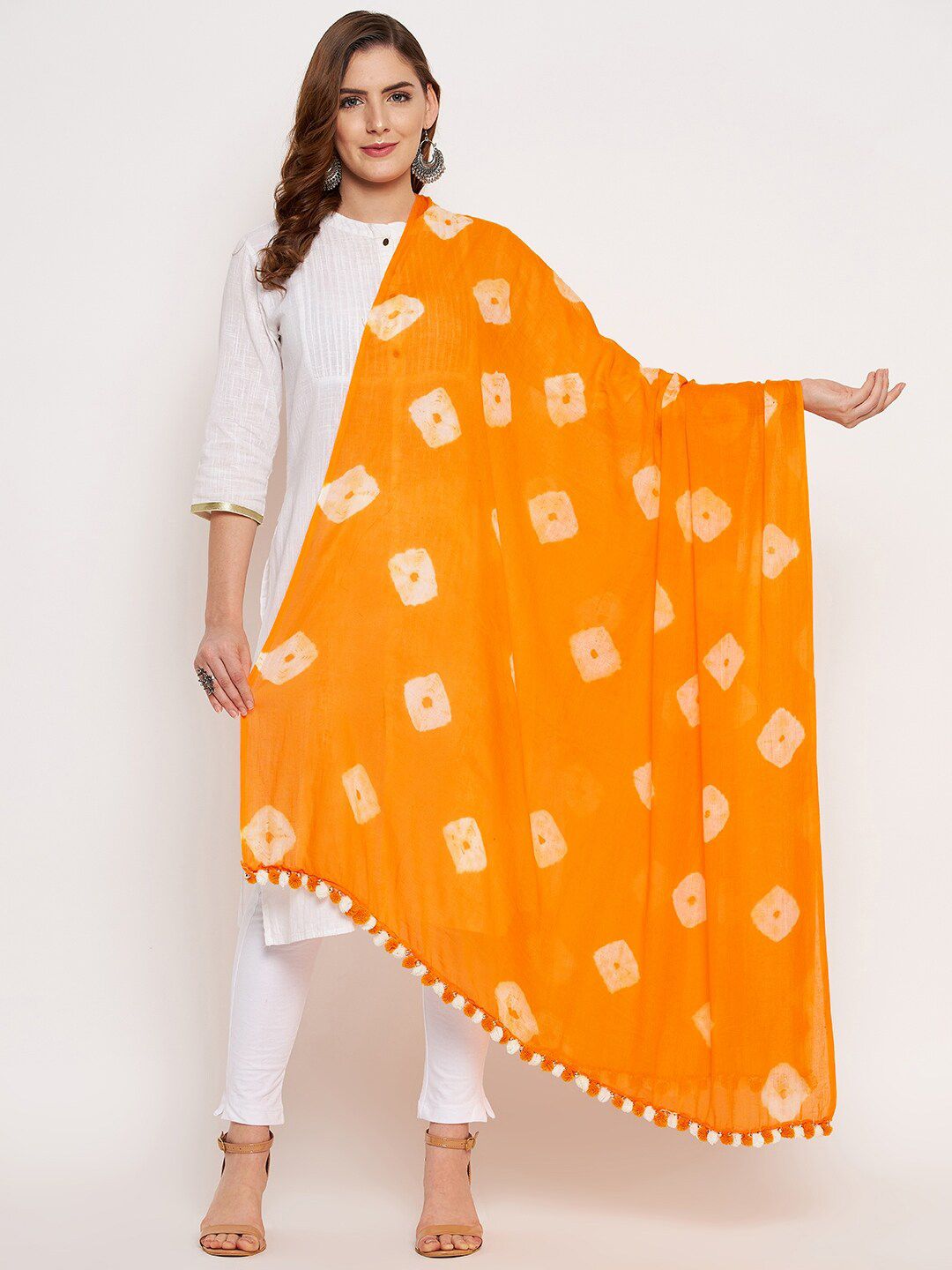 Clora Creation Yellow & White Printed Pure Cotton Tie and Dye Dupatta Price in India