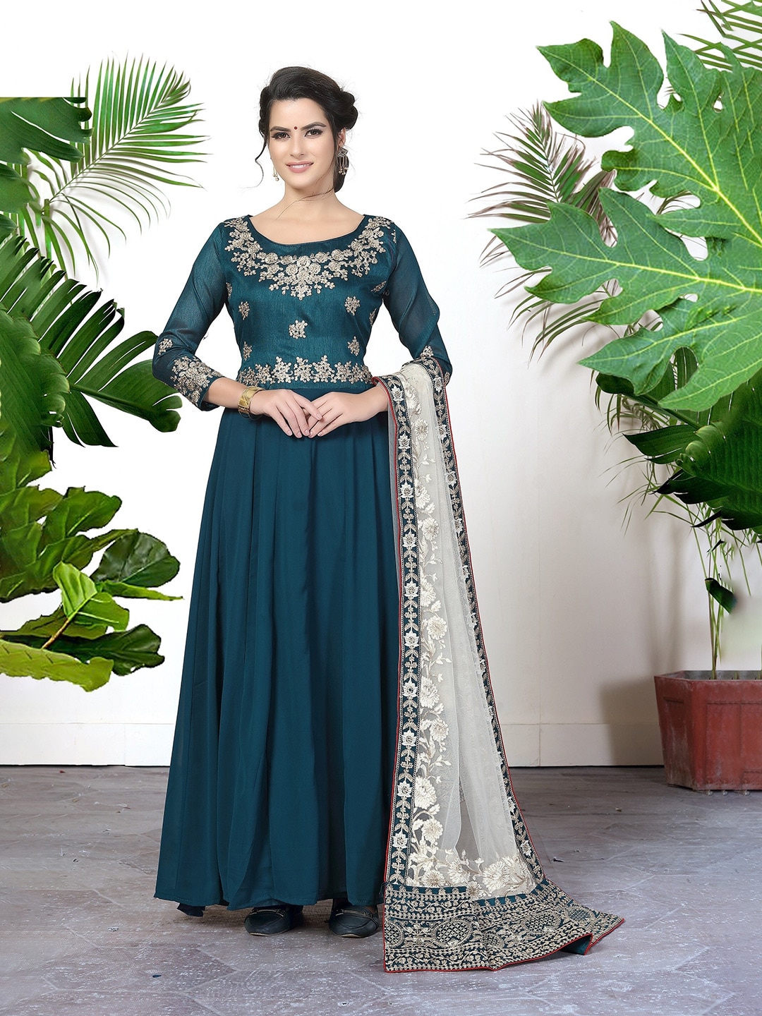 Divine International Trading Co Turquoise Blue & Gold-Toned Semi-Stitched Dress Material Price in India