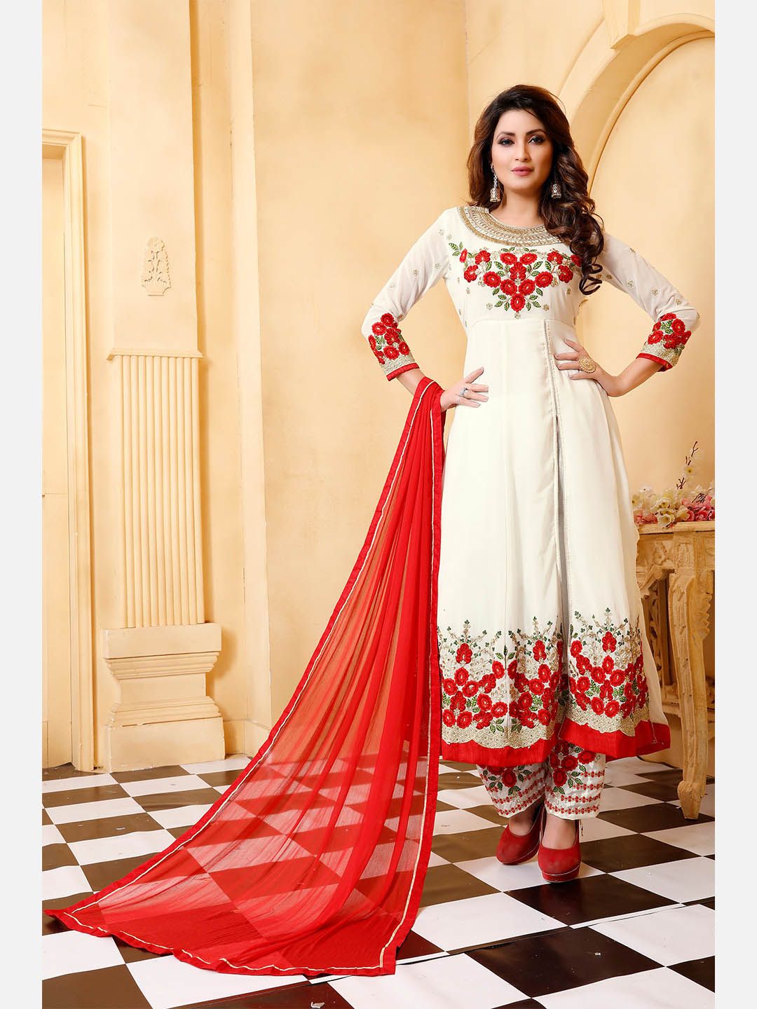 Divine International Trading Co White & Red Embroidered Semi-Stitched Dress Material Price in India