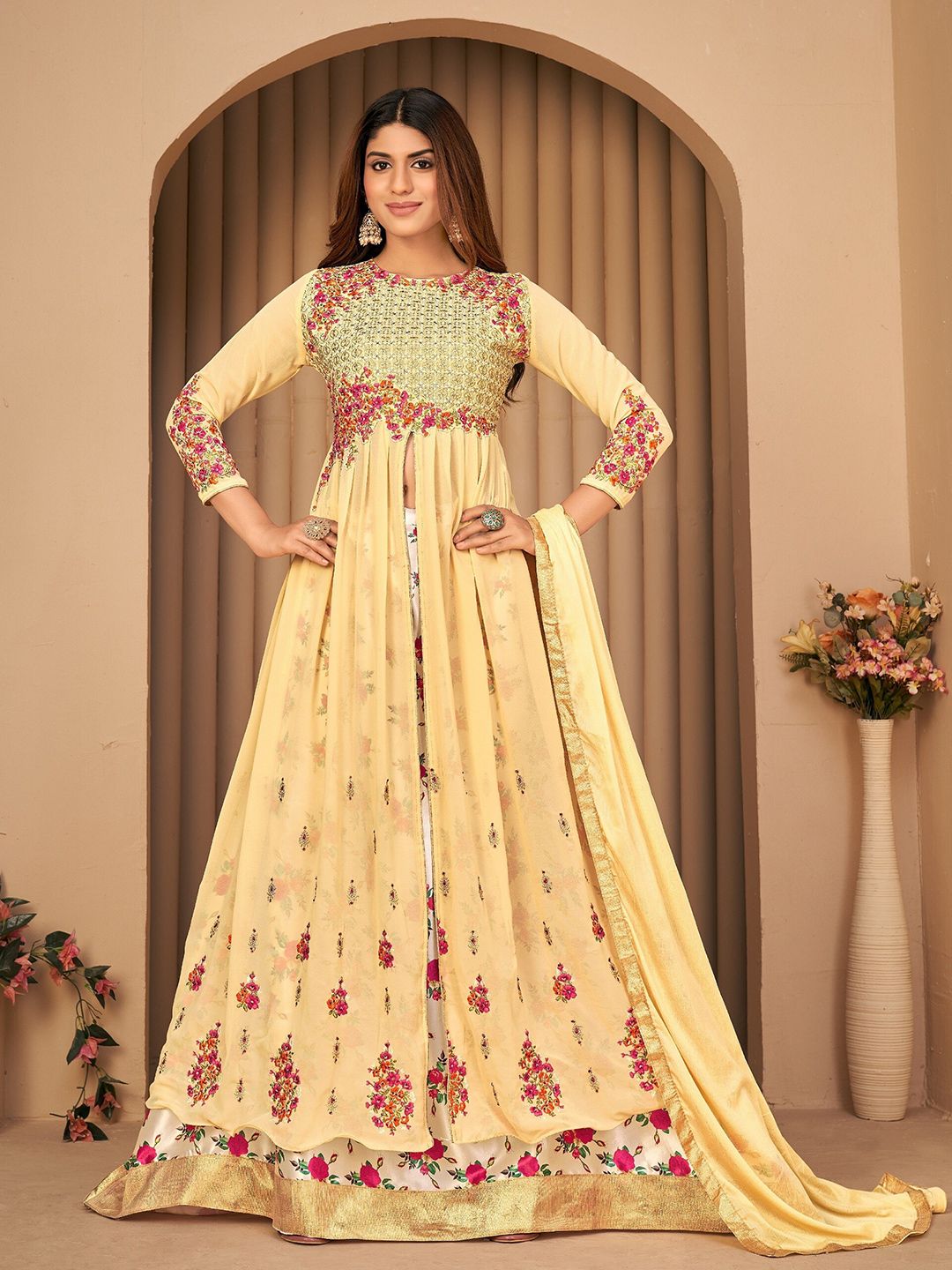 Divine International Trading Co Beige & Red Embroidered Semi-Stitched Dress Material Price in India